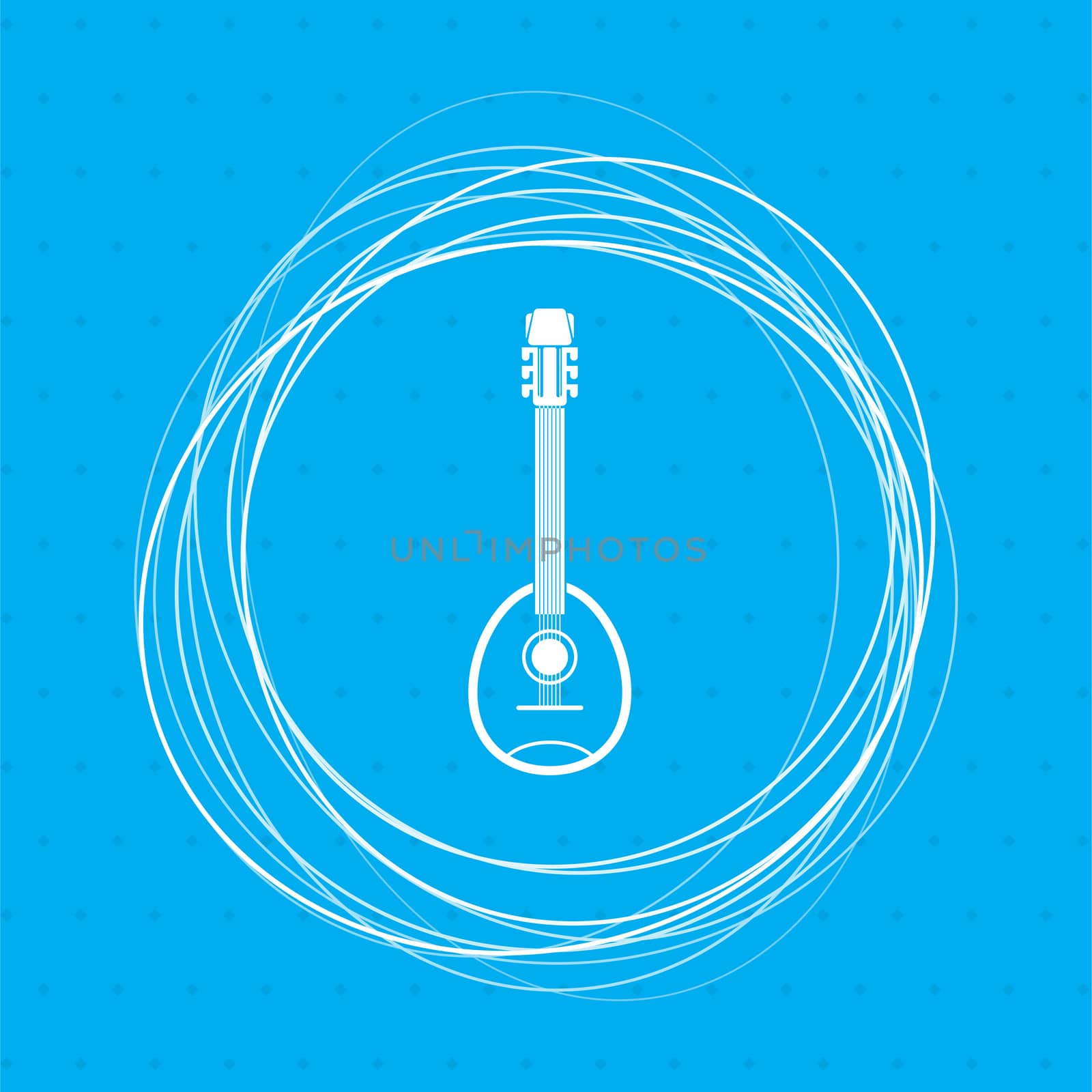 Guitar, music instrument icon on a blue background with abstract circles around and place for your text. illustration