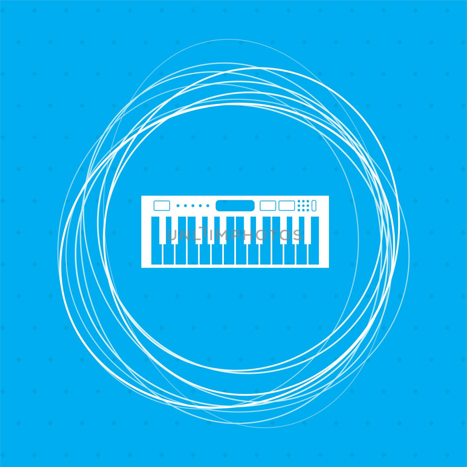 synthesizer icon on a blue background with abstract circles around and place for your text. illustration