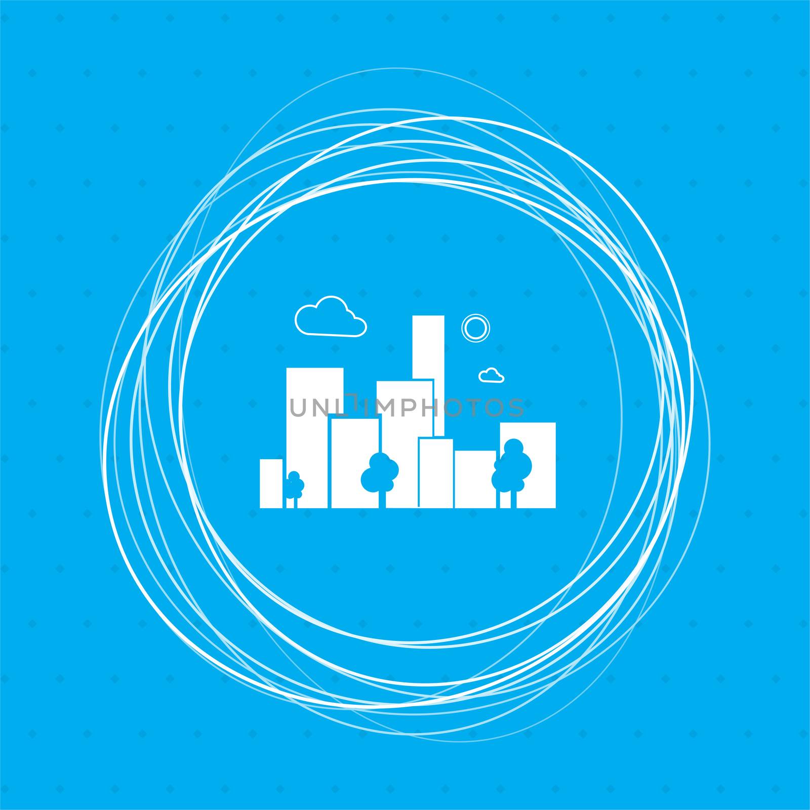 City Icon on a blue background with abstract circles around and place for your text. illustration