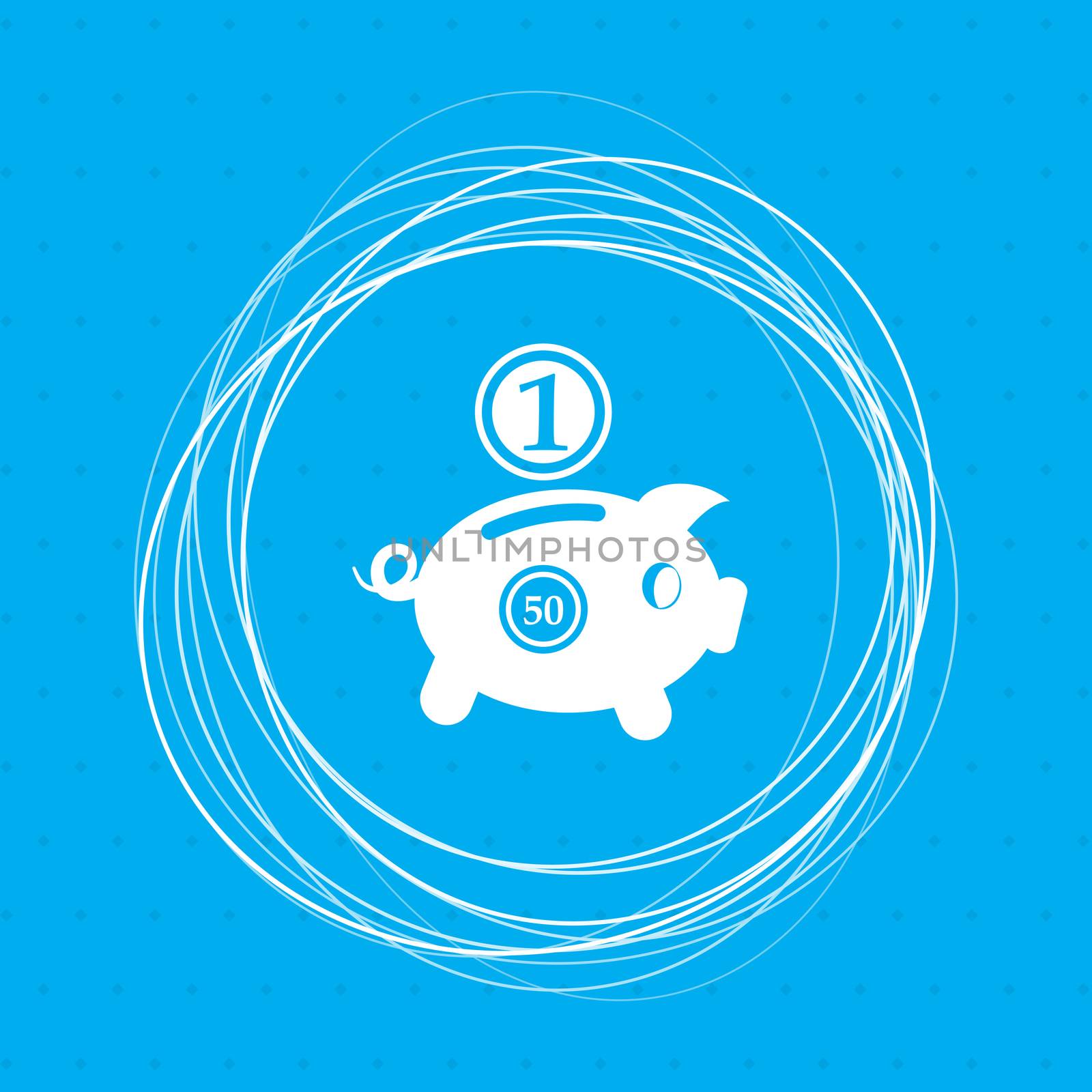 Piggy bank and dollar coin icon on a blue background with abstract circles around and place for your text. illustration