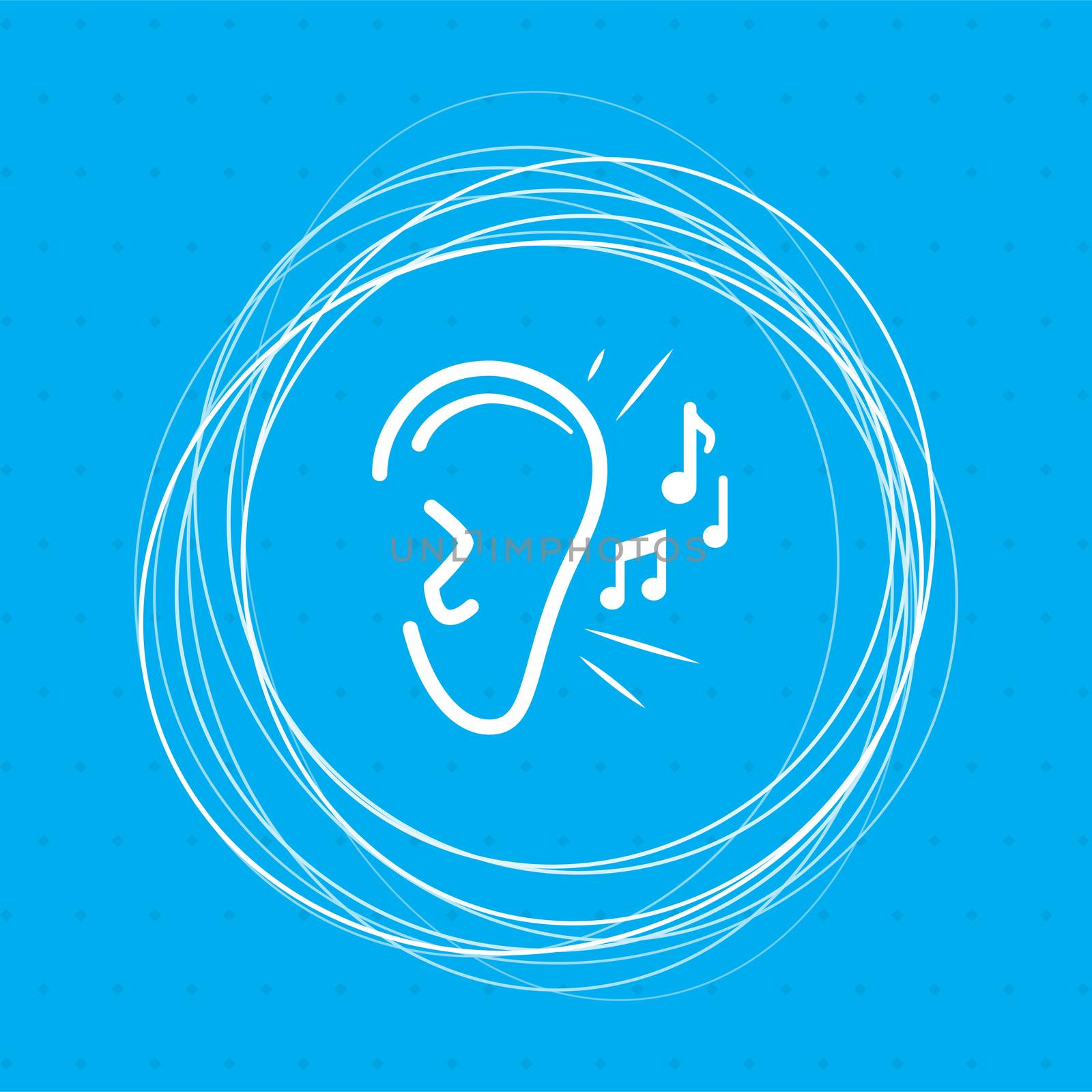 Ear listen sound signal icon on a blue background with abstract circles around and place for your text. illustration
