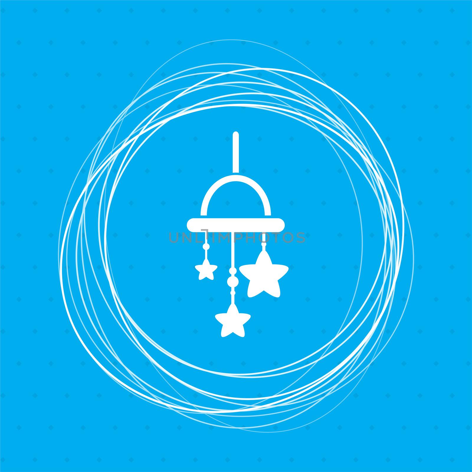 Baby crib hanging toy icon on a blue background with abstract circles around and place for your text. illustration