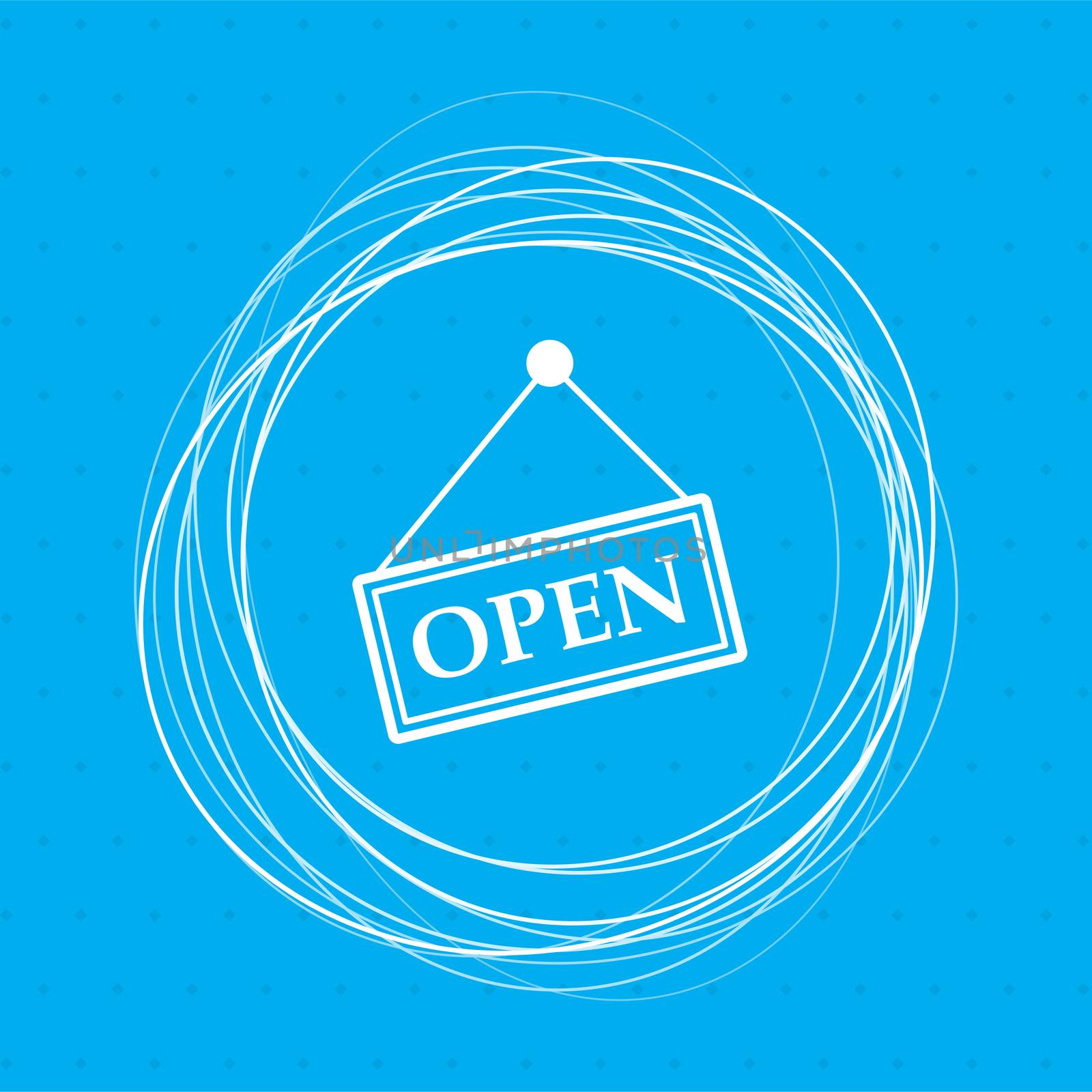 Open Icon on a blue background with abstract circles around and place for your text. illustration