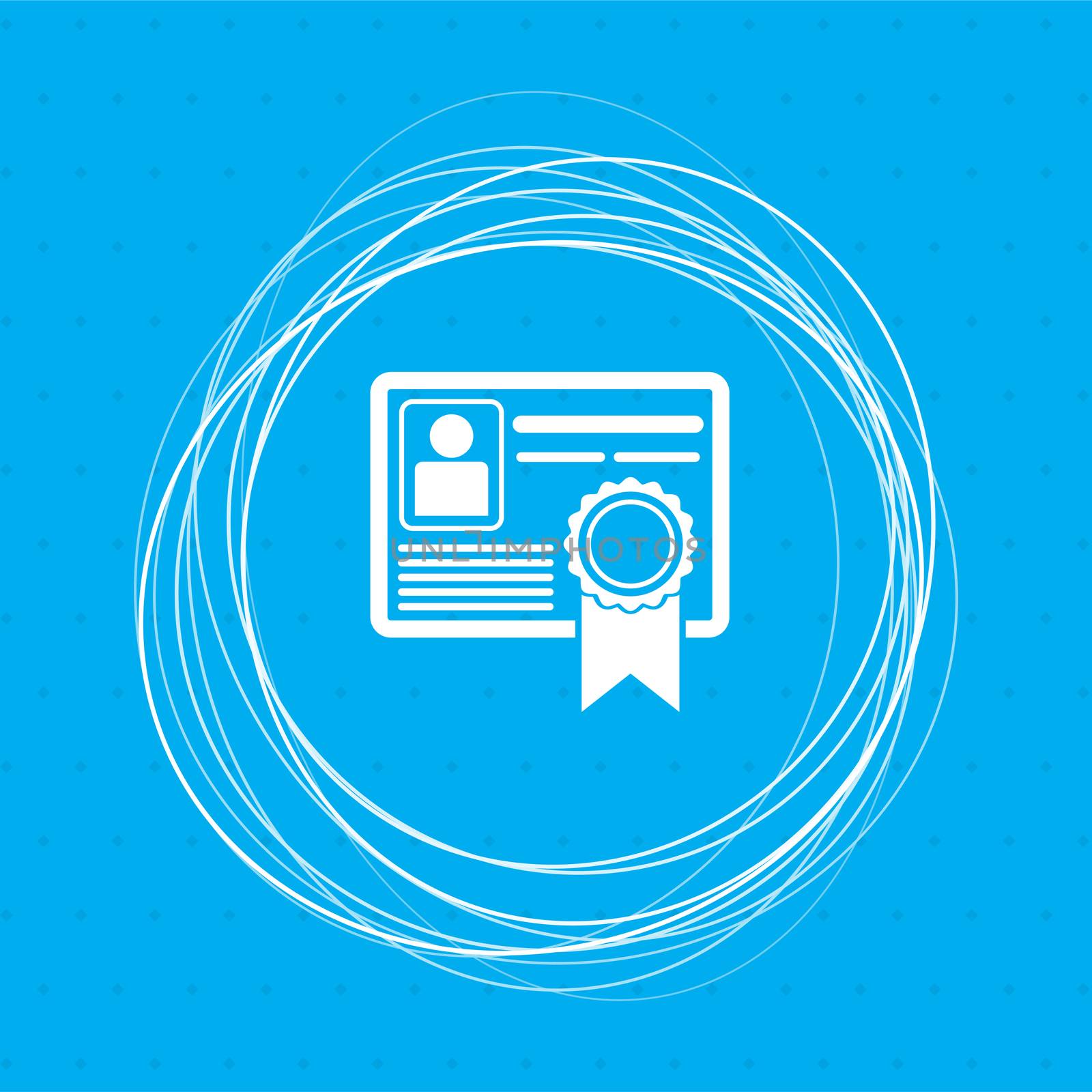 certificate icon on a blue background with abstract circles around and place for your text. illustration