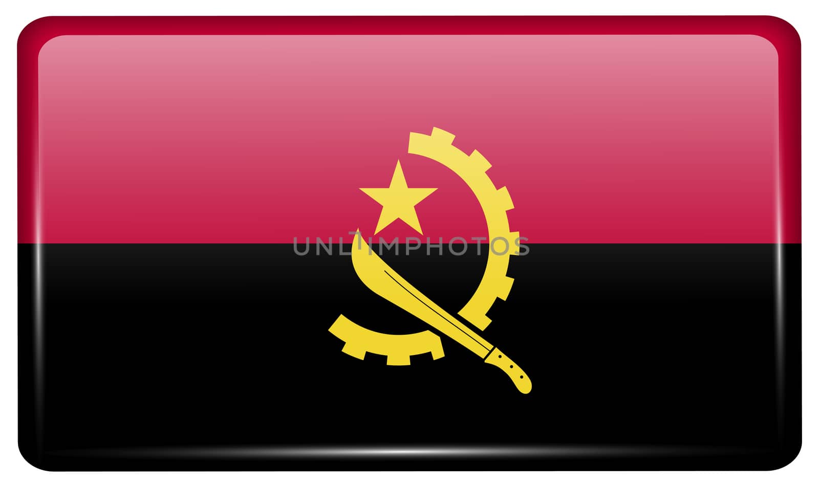 Flags of Angola in the form of a magnet on refrigerator with reflections light. illustration