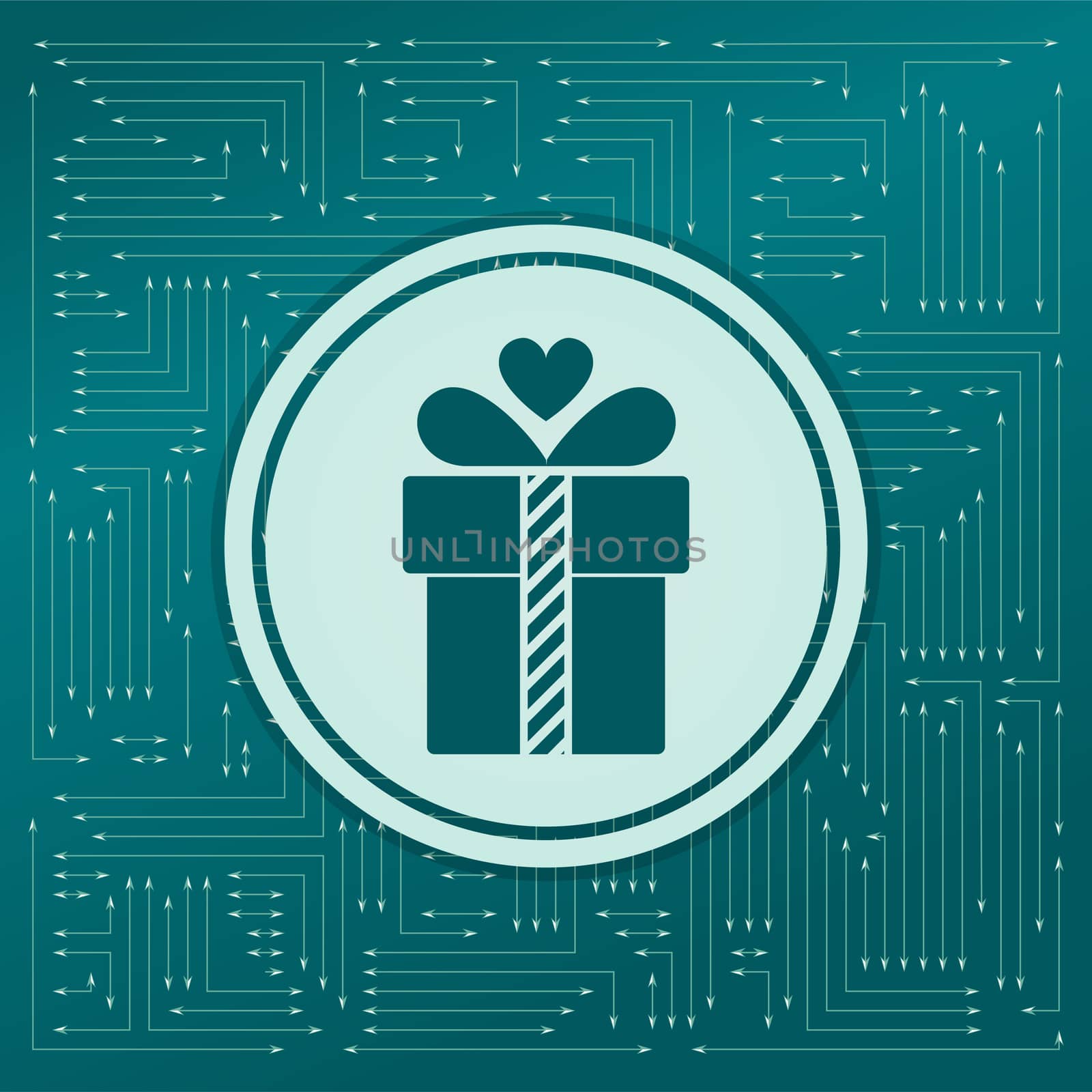 Gift box icon on a green background, with arrows in different directions. It appears on the electronic board. illustration