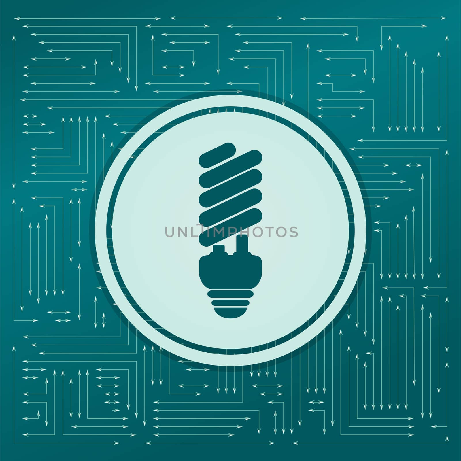 Energy saving light bulb icon on a green background, with arrows in different directions. It appears on the electronic board. illustration