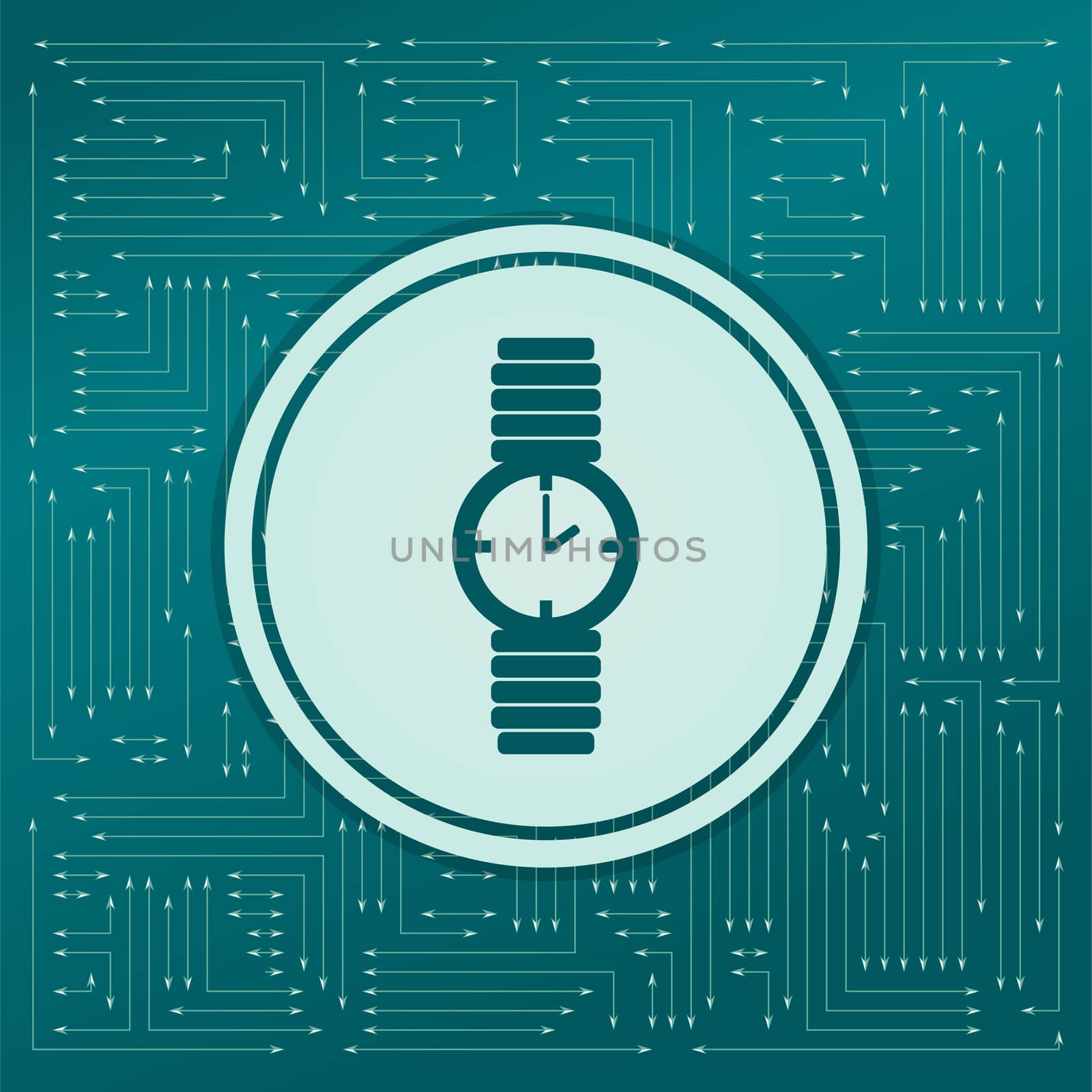 watch icon on a green background, with arrows in different directions. It appears on the electronic board. illustration
