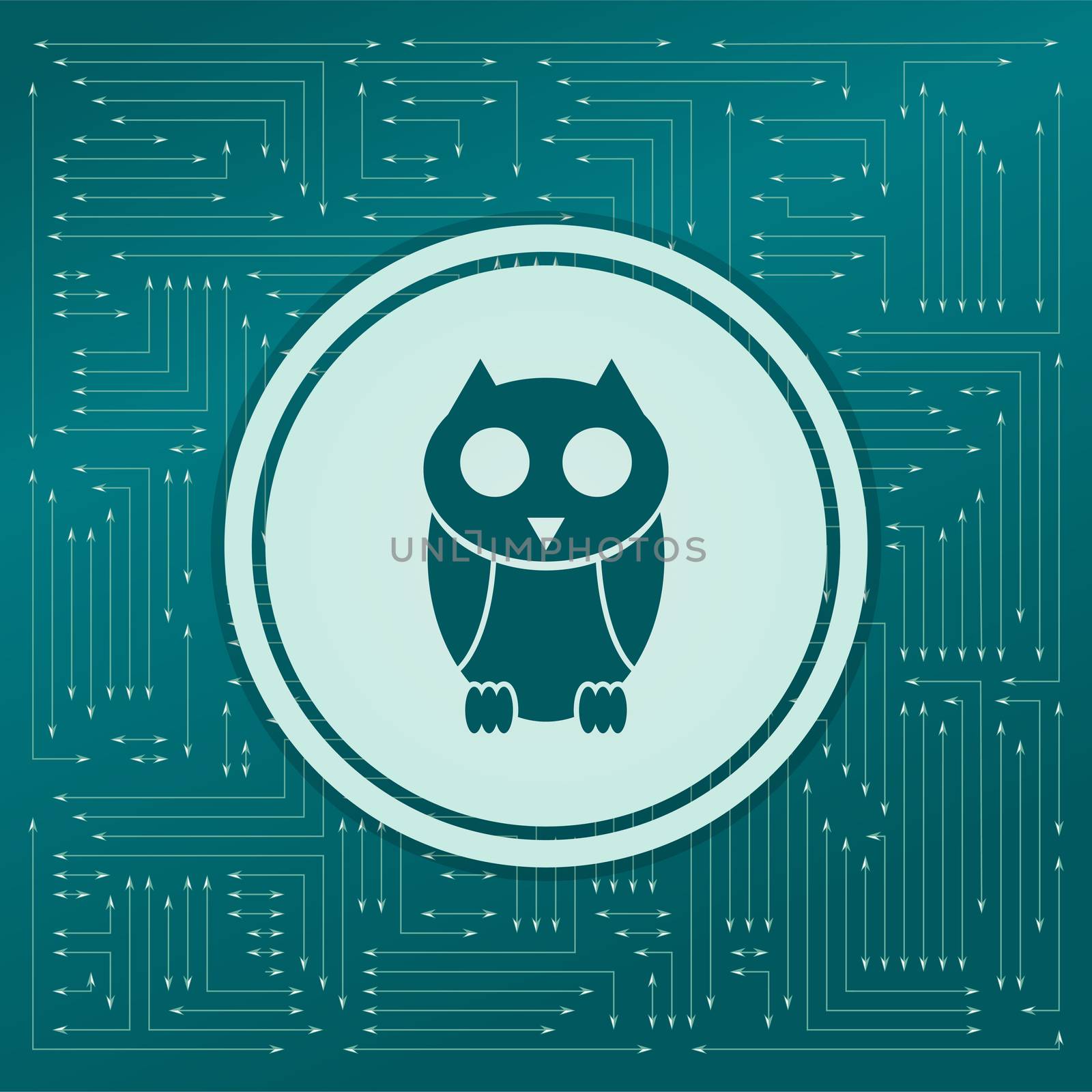 Cute owl cartoon character icon on a green background, with arrows in different directions. It appears on the electronic board. illustration