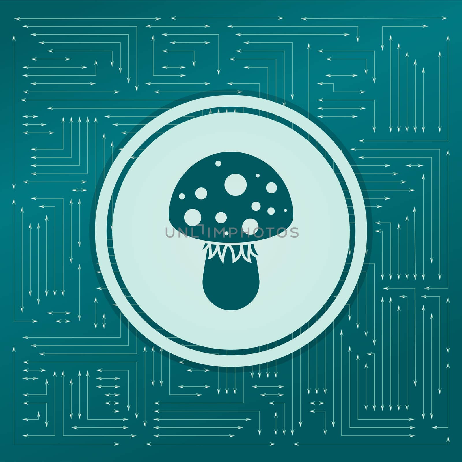 fly agaric mushroom icon on a green background, with arrows in different directions. It appears on the electronic board. illustration