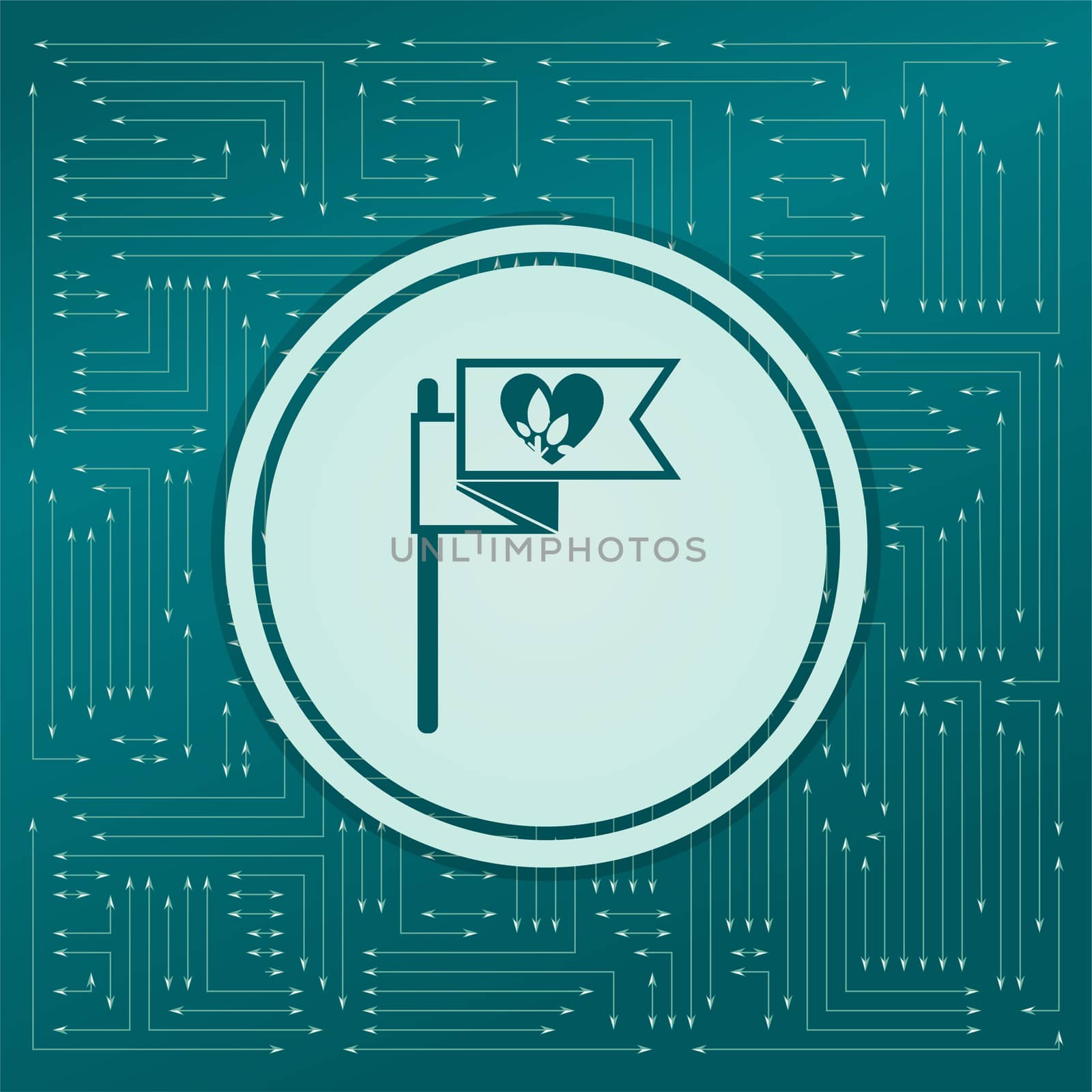 Flag, heart icon on a green background, with arrows in different directions. It appears on the electronic board. illustration