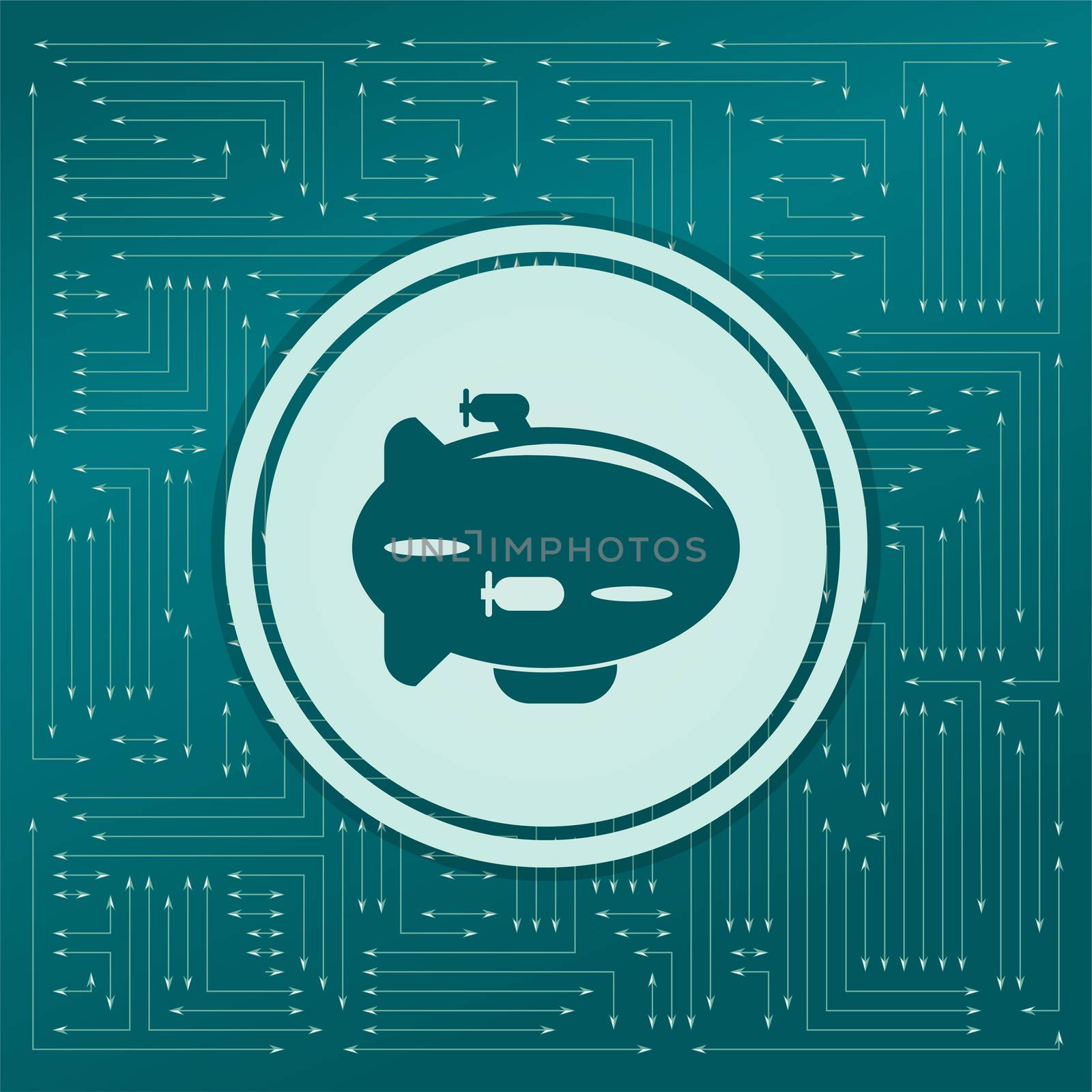 Airship Icon on a green background, with arrows in different directions. It appears on the electronic board. illustration