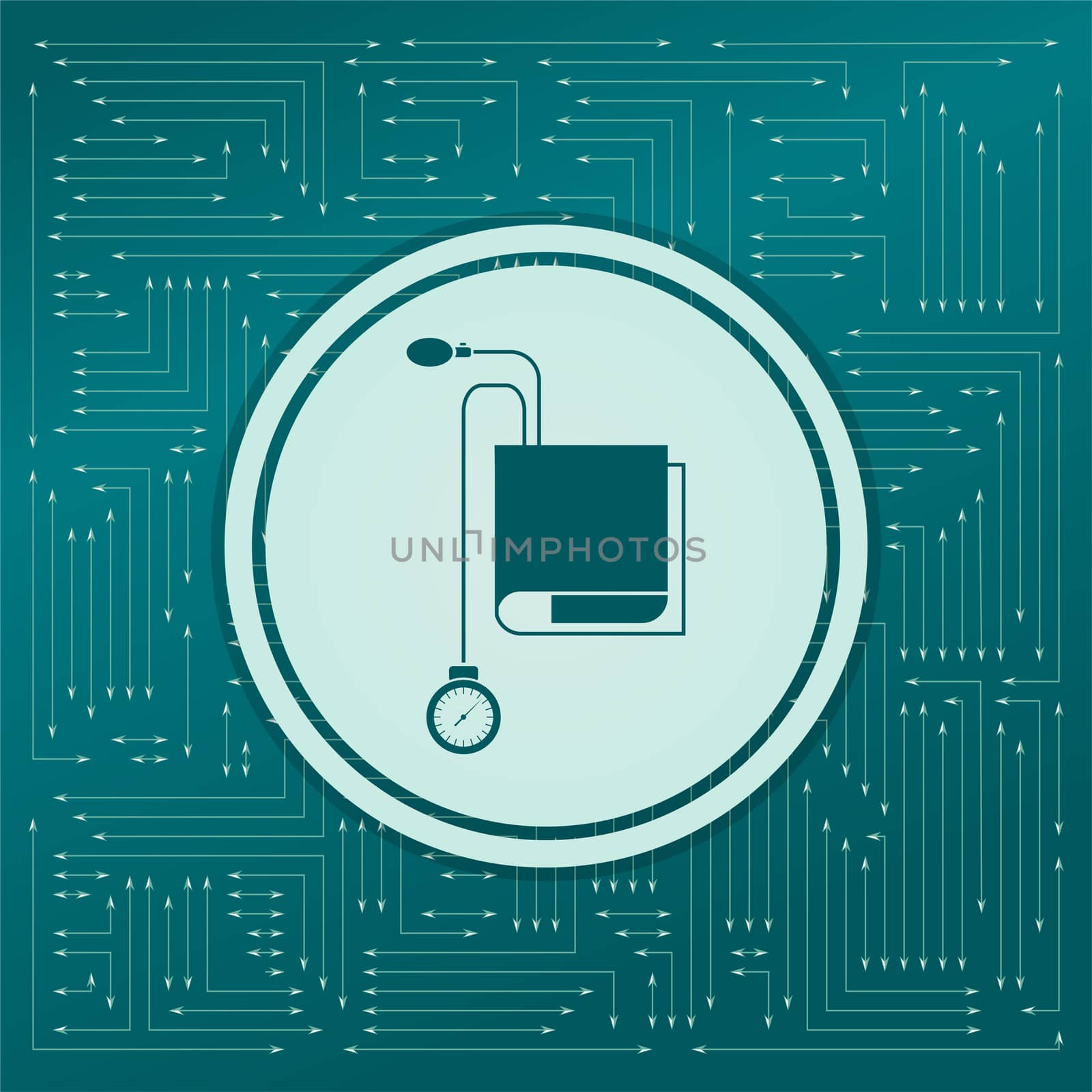 Tonometer Icon. Blood Pressure Checker Icon on a green background, with arrows in different directions. It appears on the electronic board. illustration