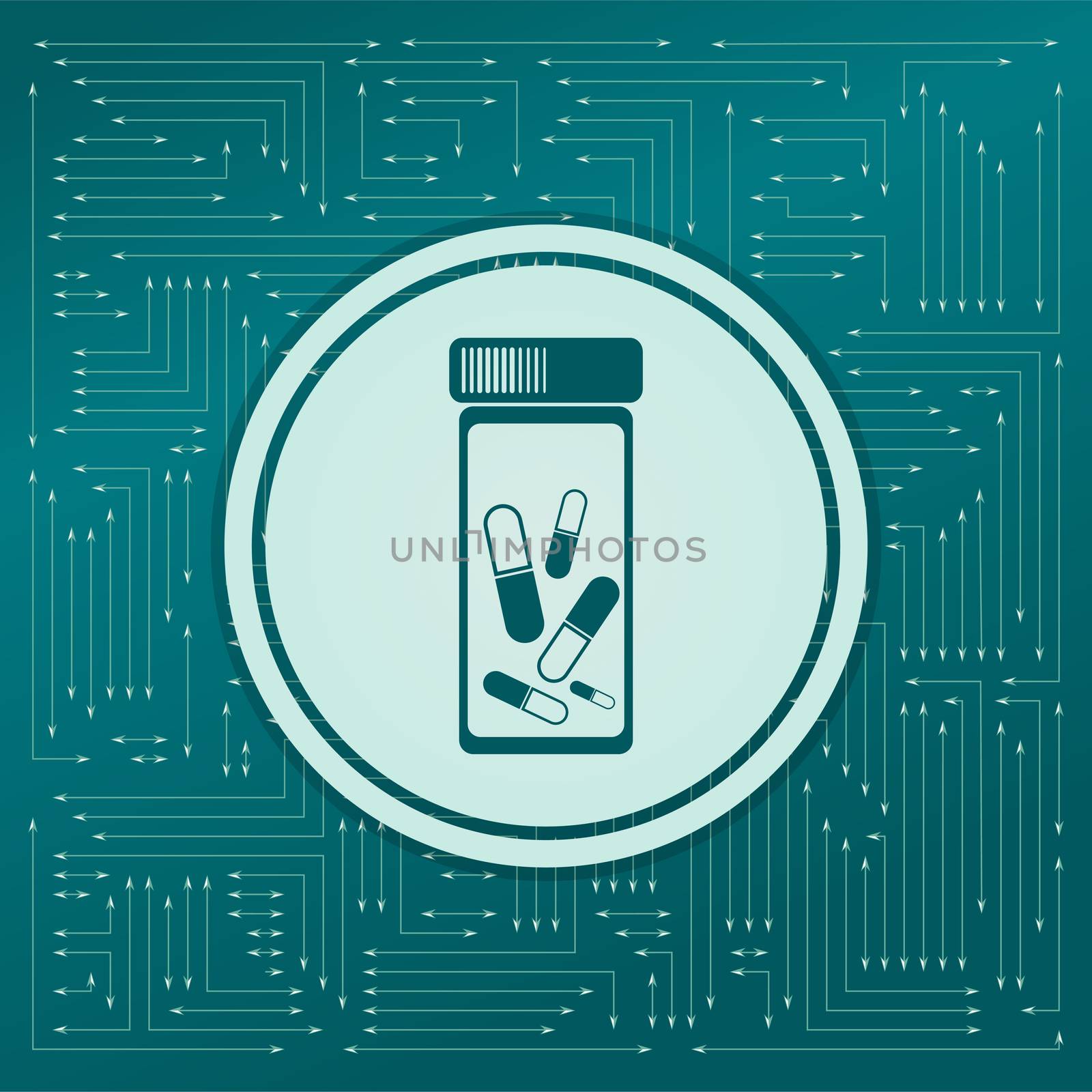 Pills, medication icon on a green background, with arrows in different directions. It appears on the electronic board. illustration