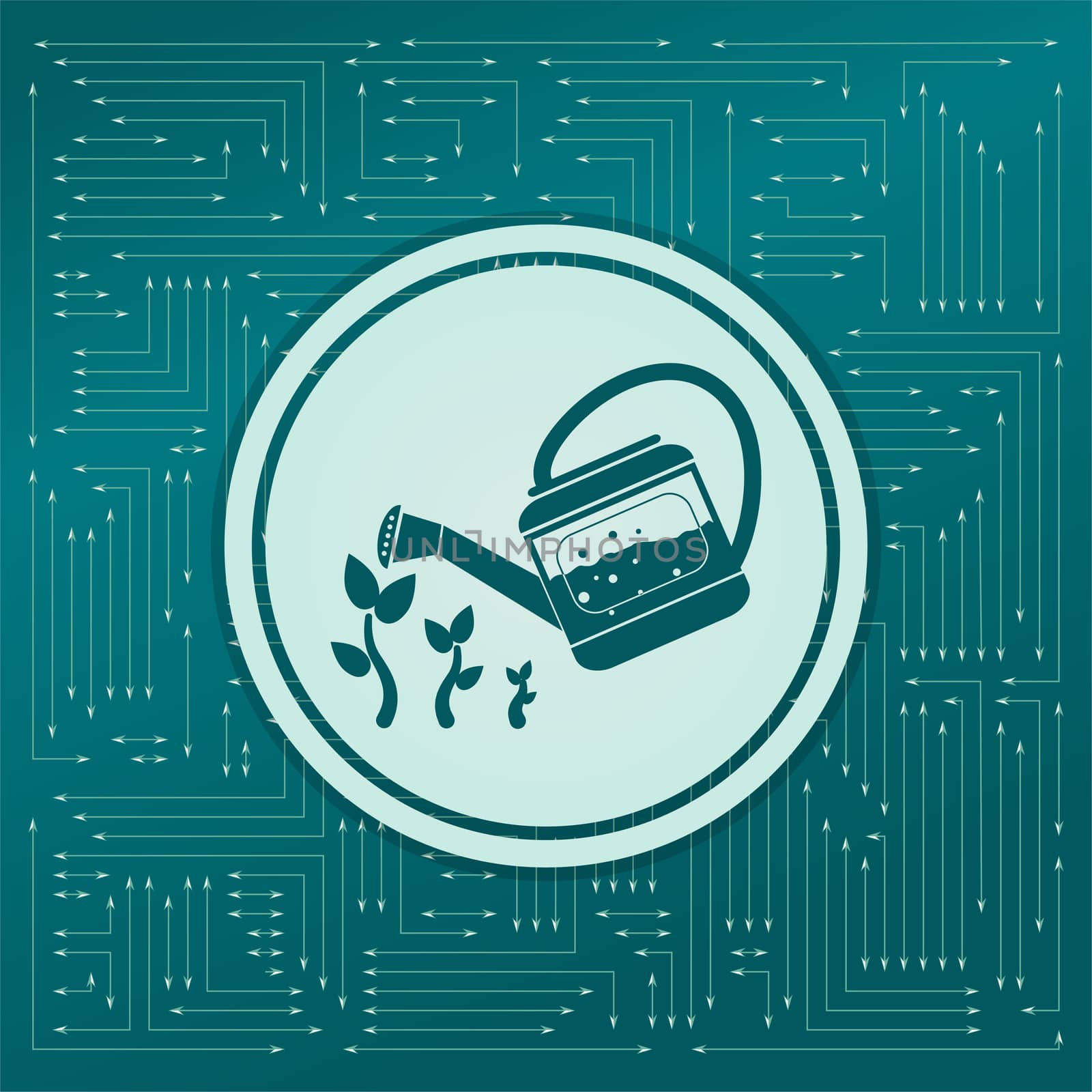 Watering can on a green background, with arrows in different directions. It appears on the electronic board. illustration