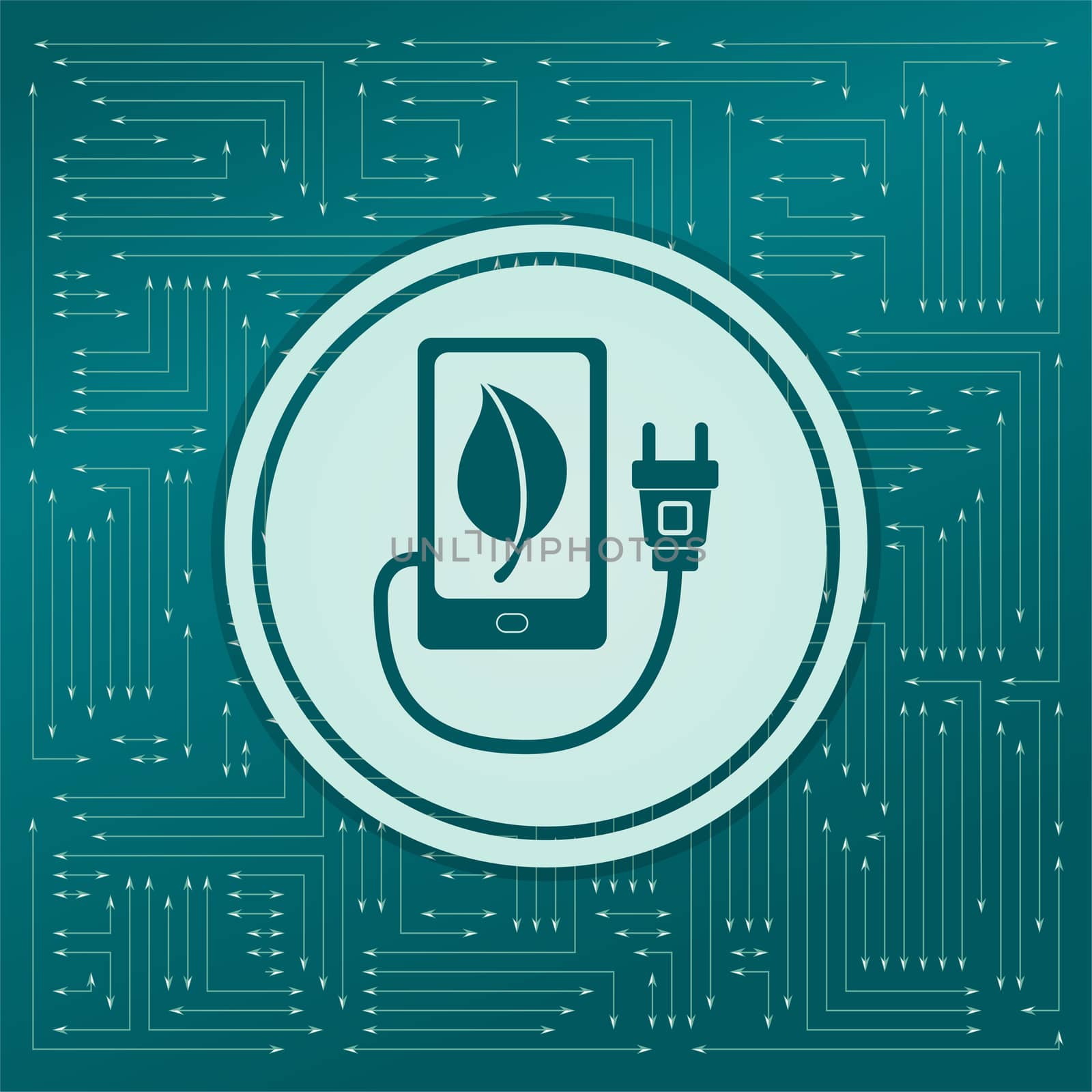 charge eco power, usb cable is connected to the phone icon on a green background, with arrows in different directions. It appears on the electronic board. illustration