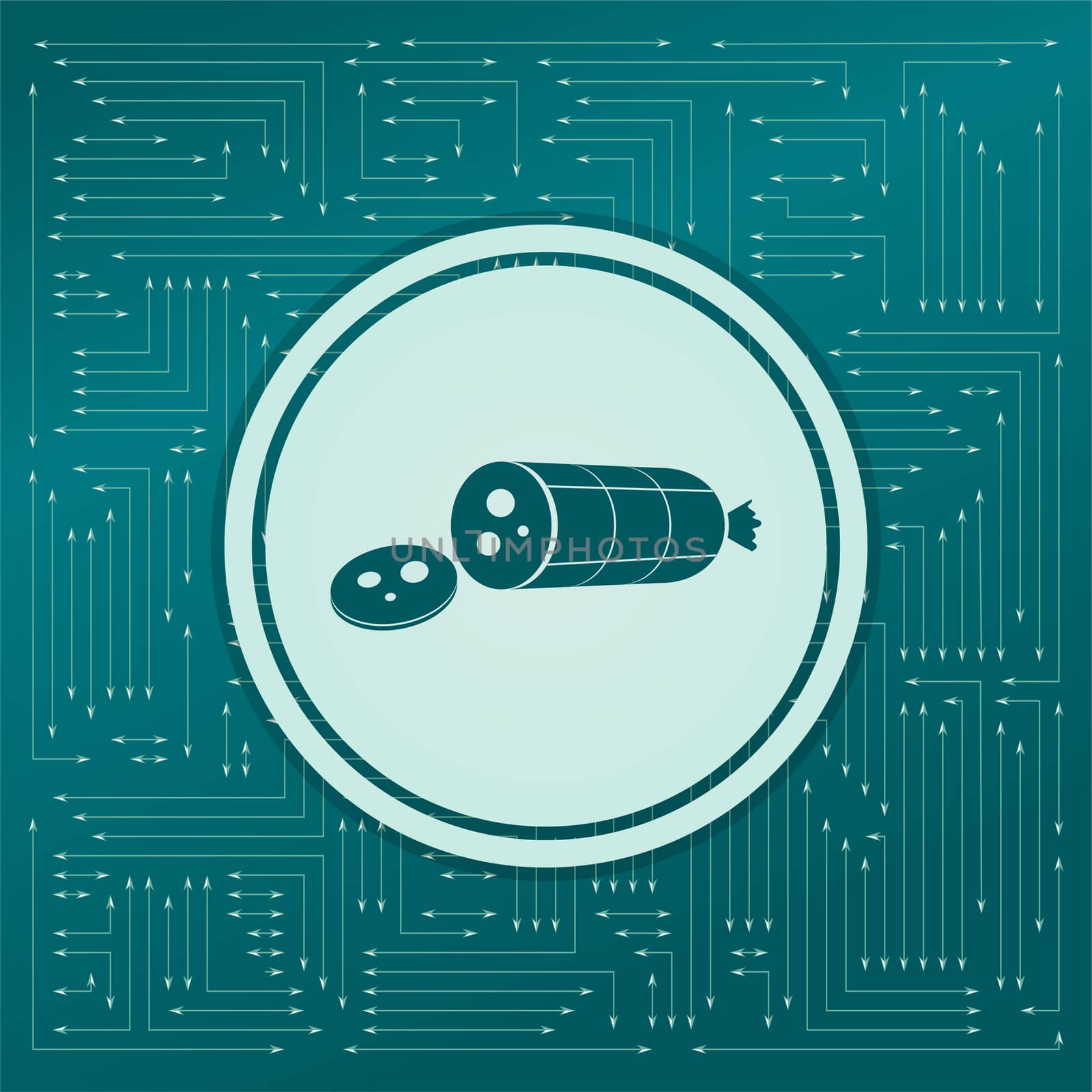 Smoked sausage sliced Icon on a green background, with arrows in different directions. It appears on the electronic board. illustration