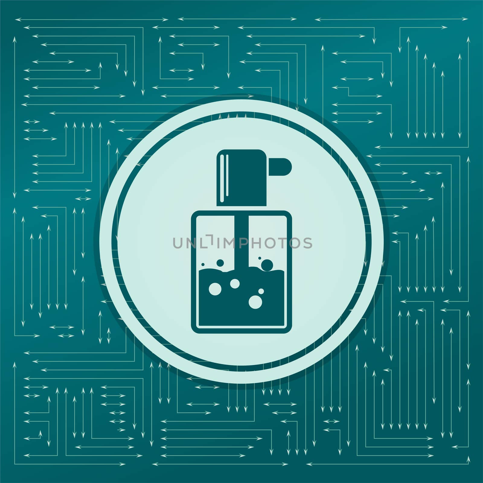 Perfume icon on a green background, with arrows in different directions. It appears on the electronic board. illustration