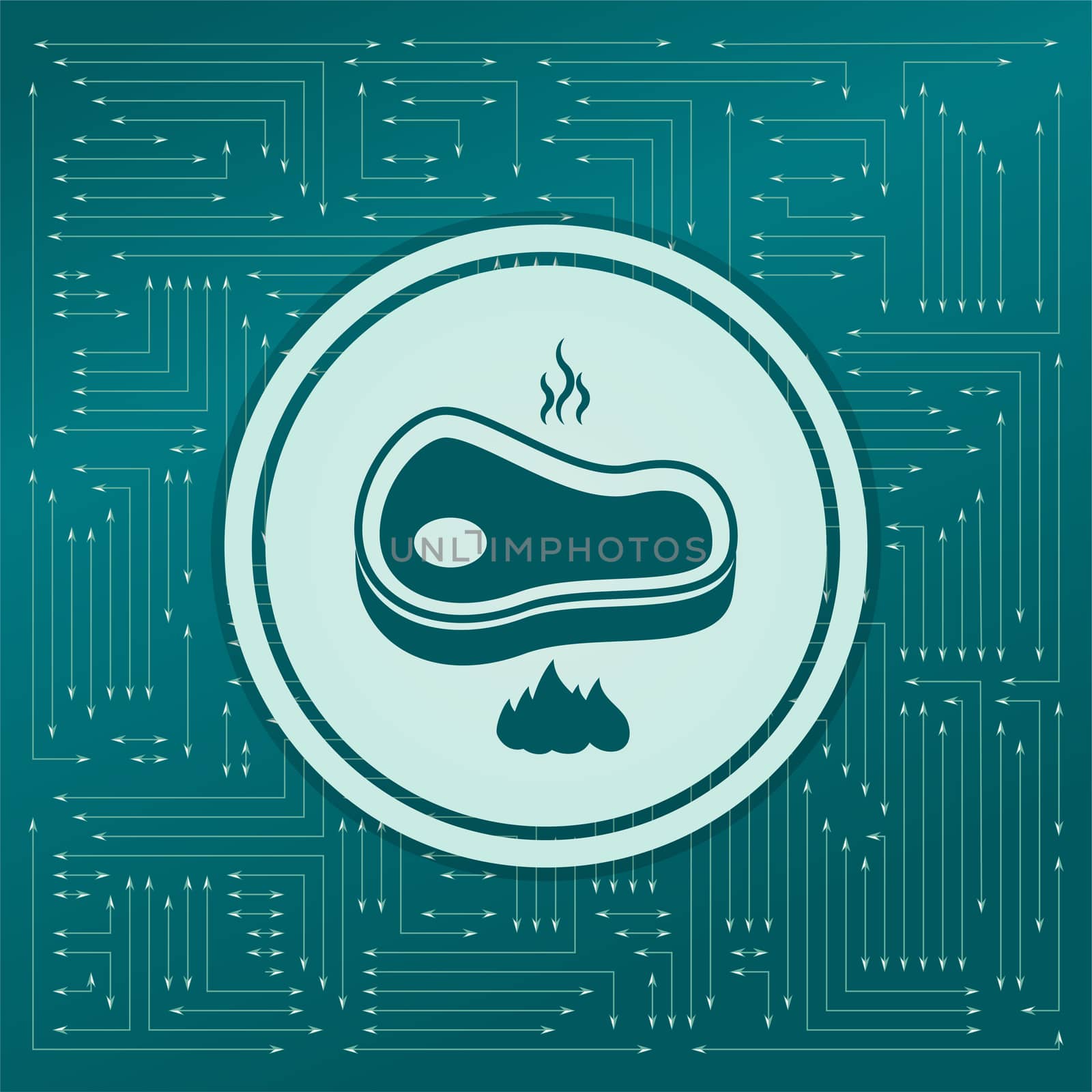 Beef Meat Steak icon on a green background, with arrows in different directions. It appears on the electronic board. illustration