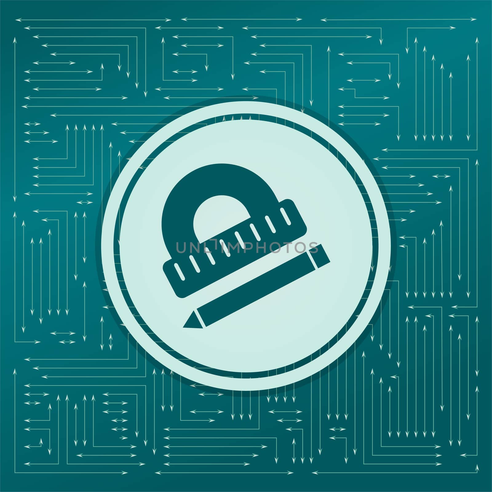 Protractor, ruler, pen icon on a green background, with arrows in different directions. It appears on the electronic board. illustration