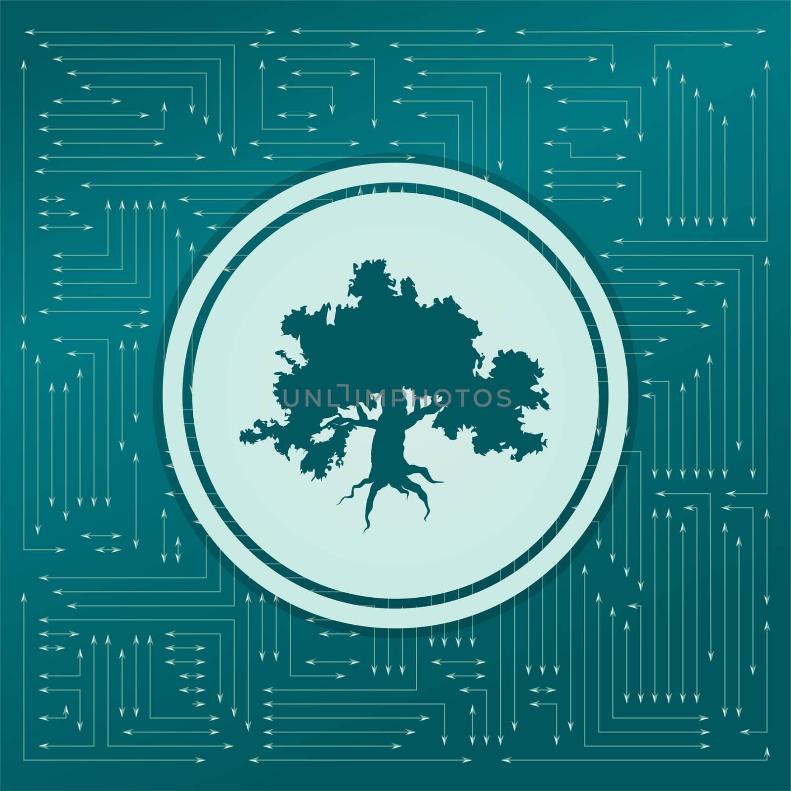 Decorative green simple tree icon on a green background, with arrows in different directions. It appears on the electronic board. illustration