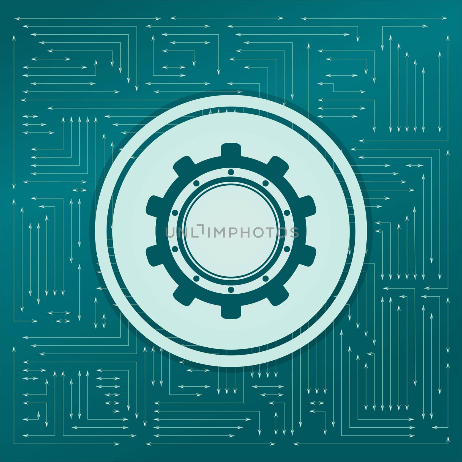 Gear, cog icon on a green background, with arrows in different directions. It appears on the electronic board. illustration