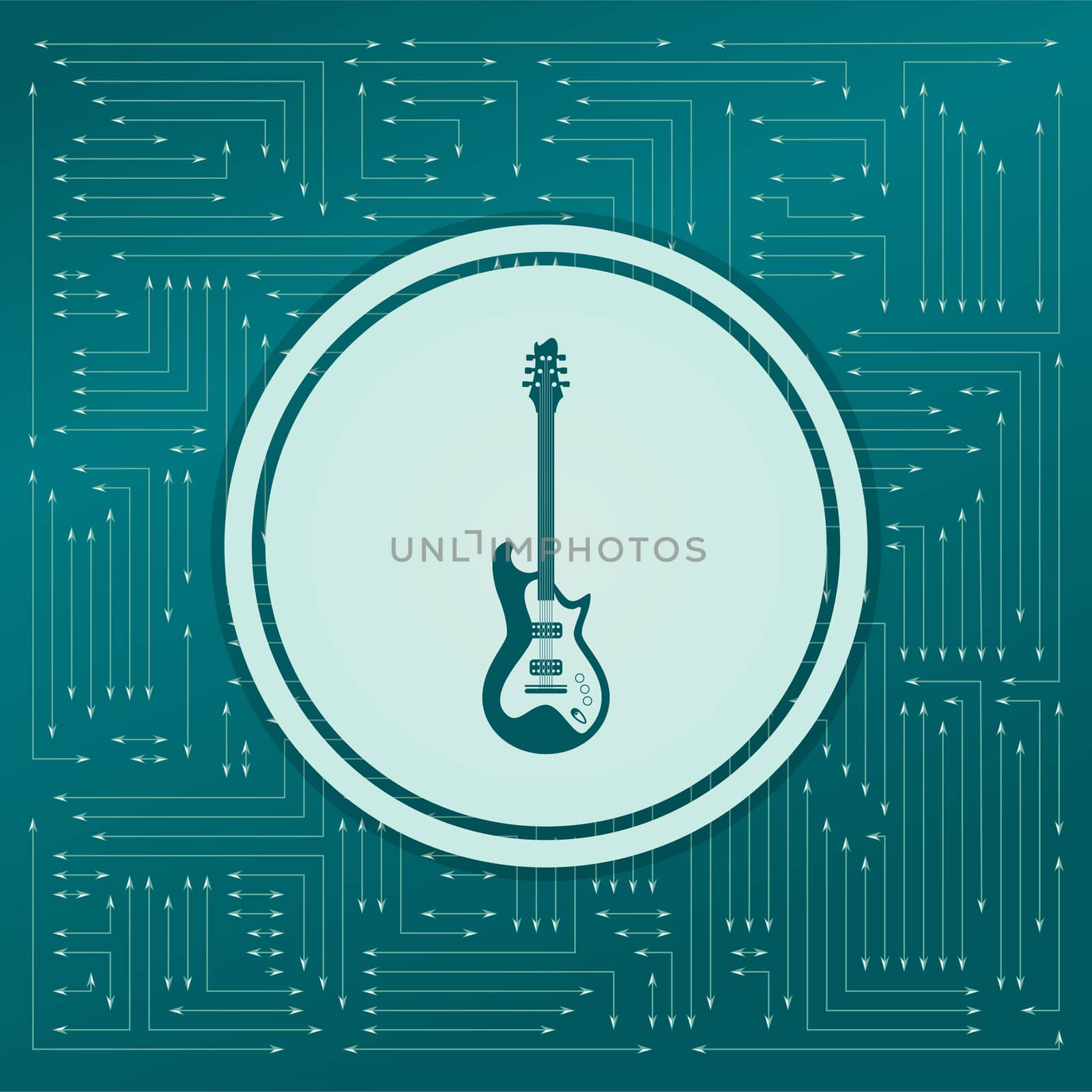 Electric guitar icon. on a green background, with arrows in different directions. It appears on the electronic board. illustration