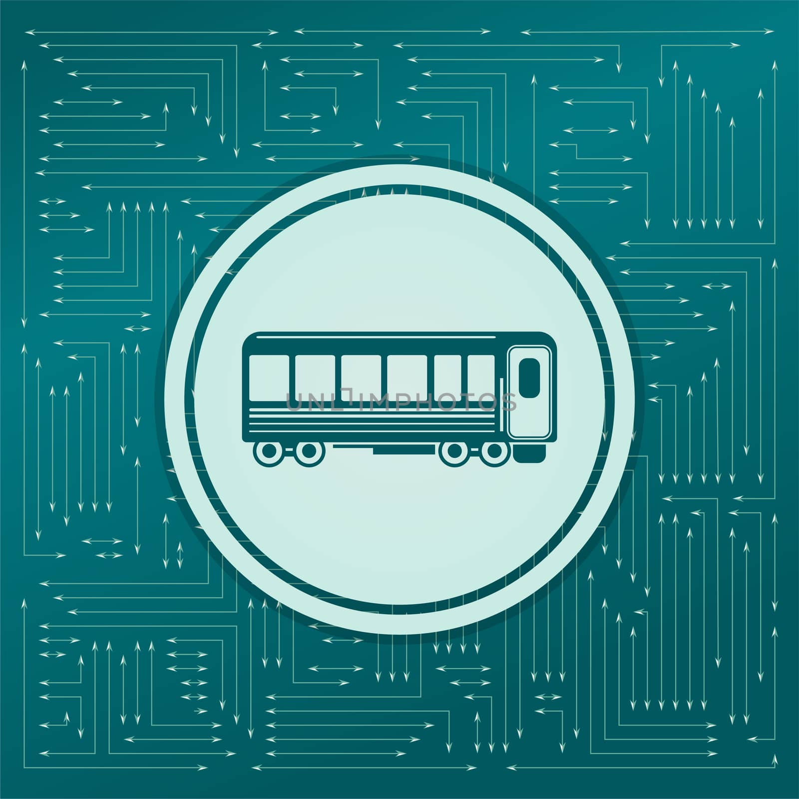 Passenger Wagons. Train icon on a green background, with arrows in different directions. It appears on the electronic board. illustration