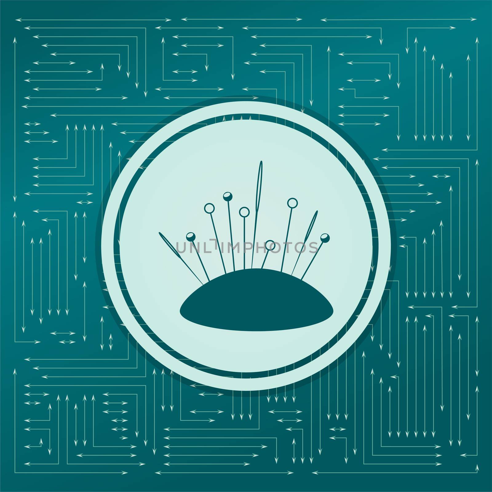 Sewing Needle icon on a green background, with arrows in different directions. It appears on the electronic board. illustration