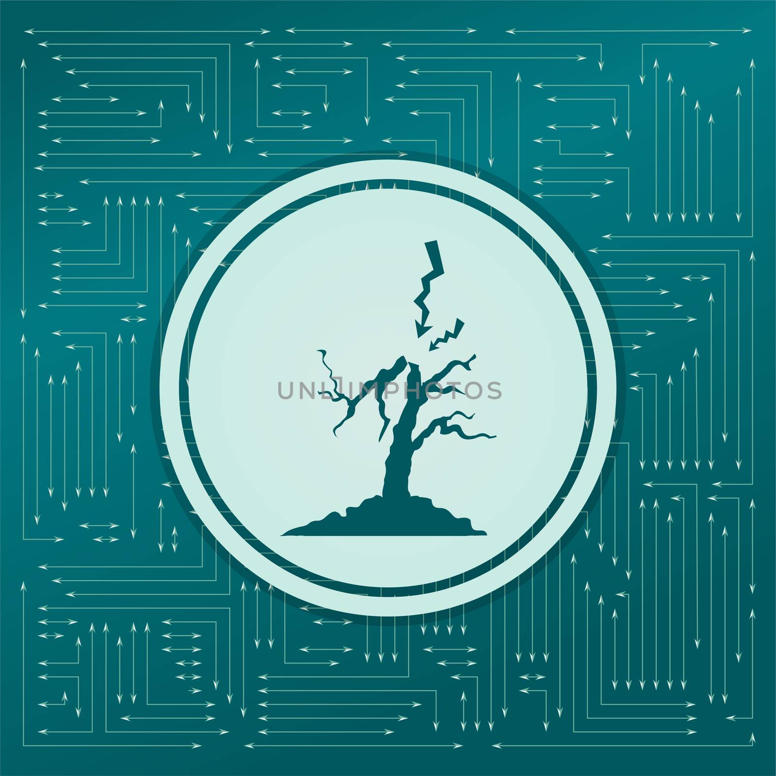 lightning and tree icon on a green background, with arrows in different directions. It appears on the electronic board. illustration