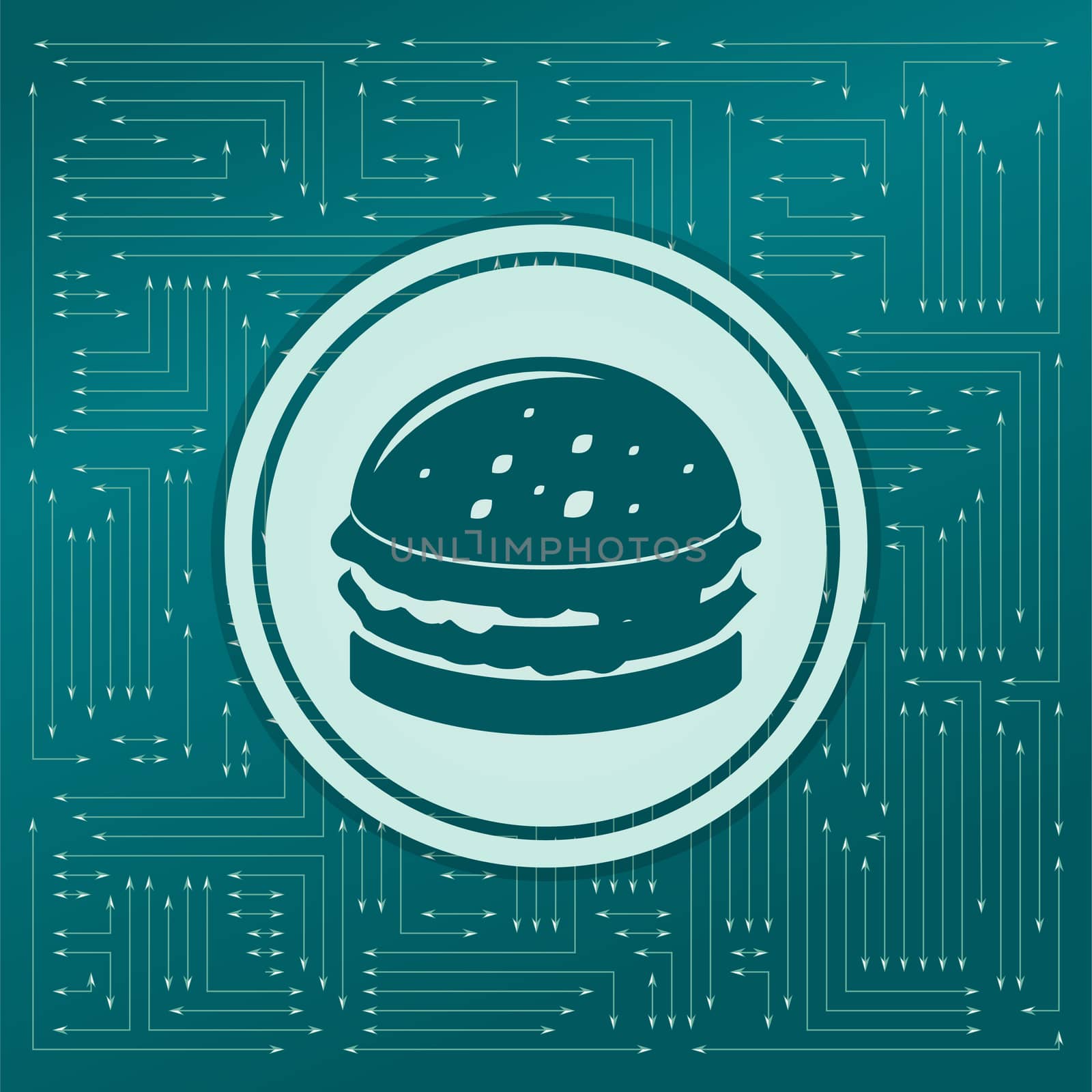 Burger, sandwich, hamburger icon on a green background, with arrows in different directions. It appears the electronic board.  by Adamchuk