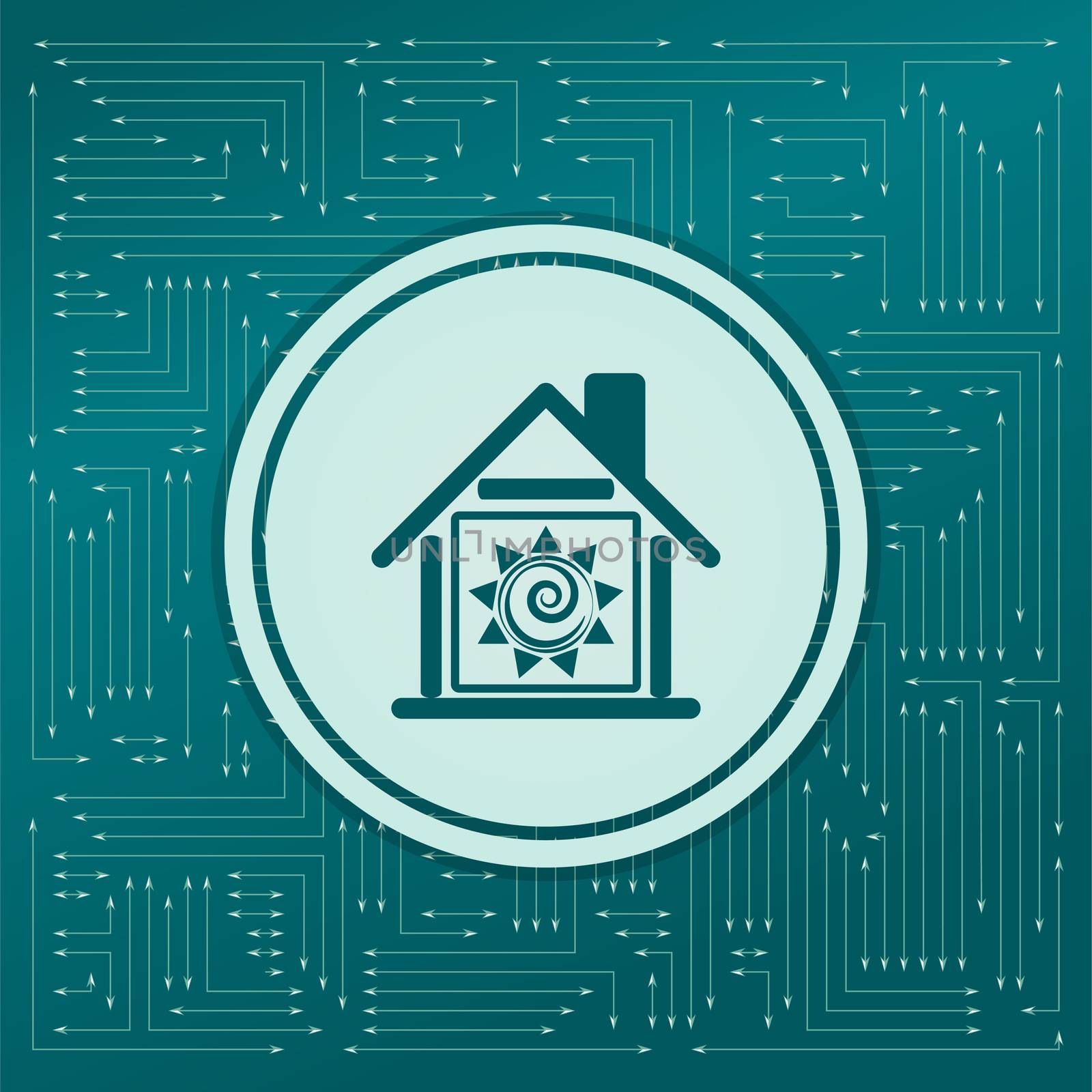 warm Home icon on a green background, with arrows in different directions. It appears on the electronic board. illustration