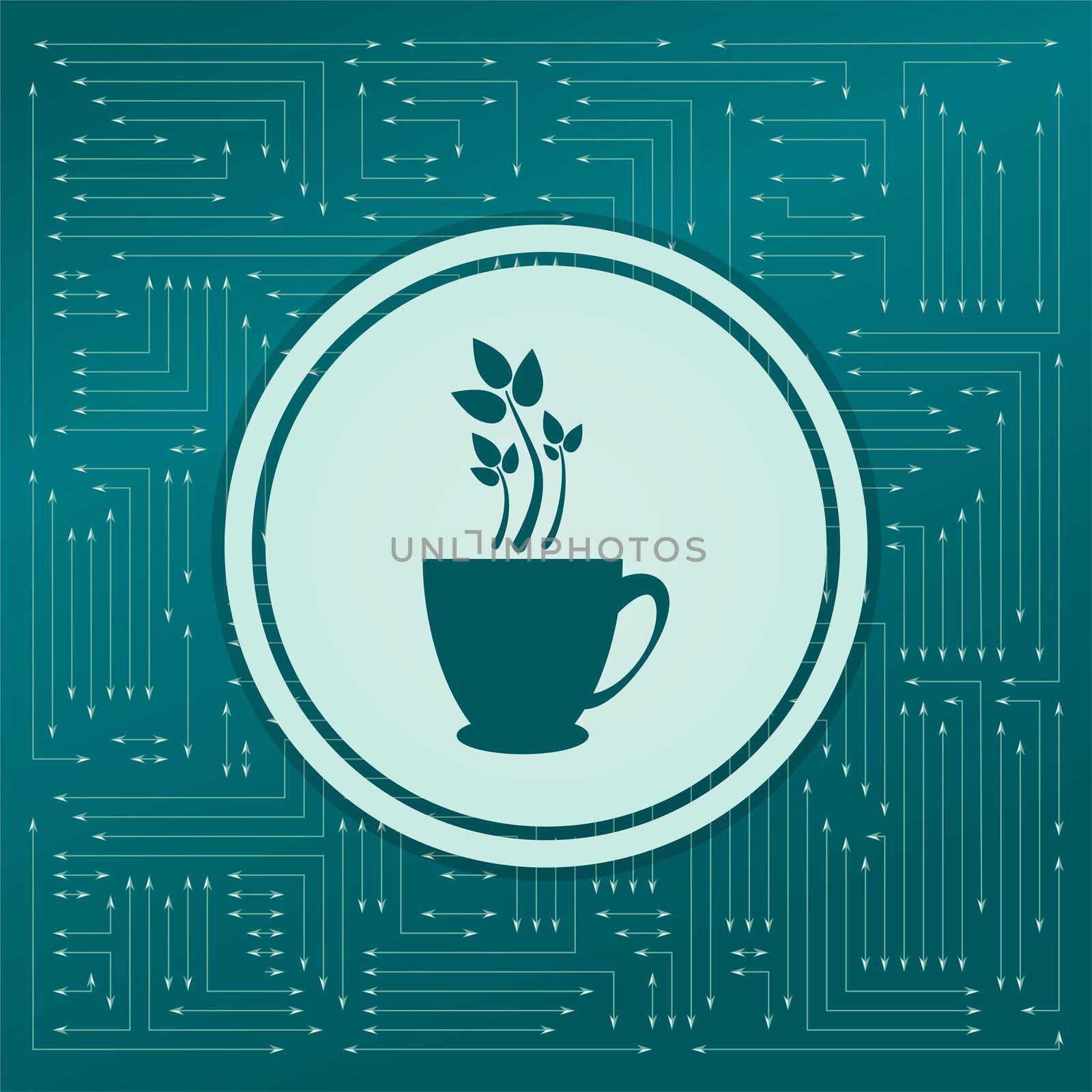 green tea icon on a green background, with arrows in different directions. It appears on the electronic board. illustration