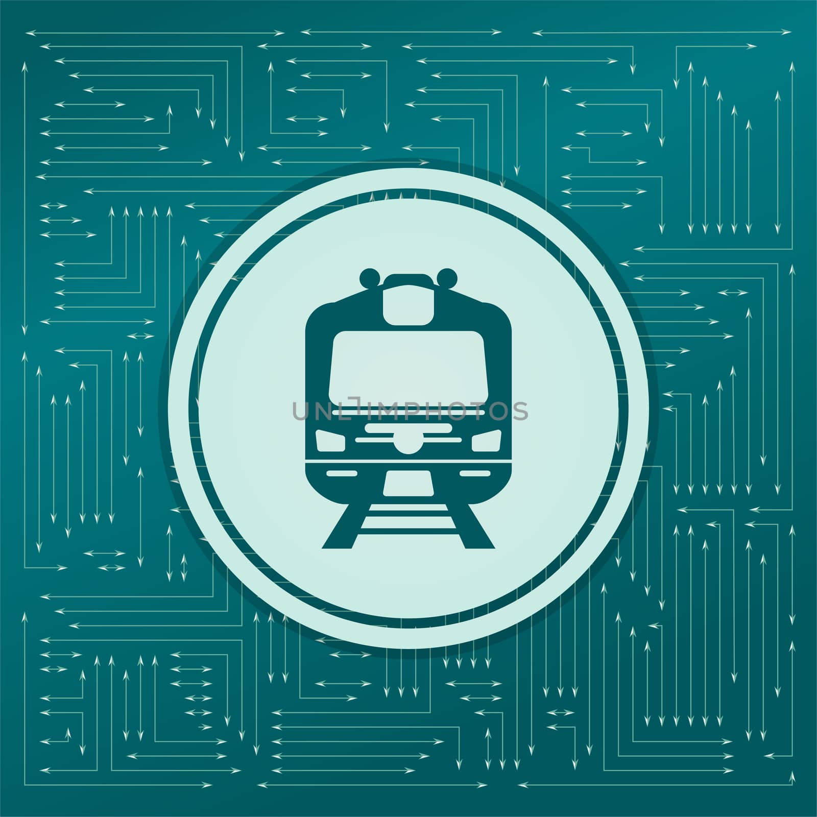 Train icon on a green background, with arrows in different directions. It appears on the electronic board. illustration