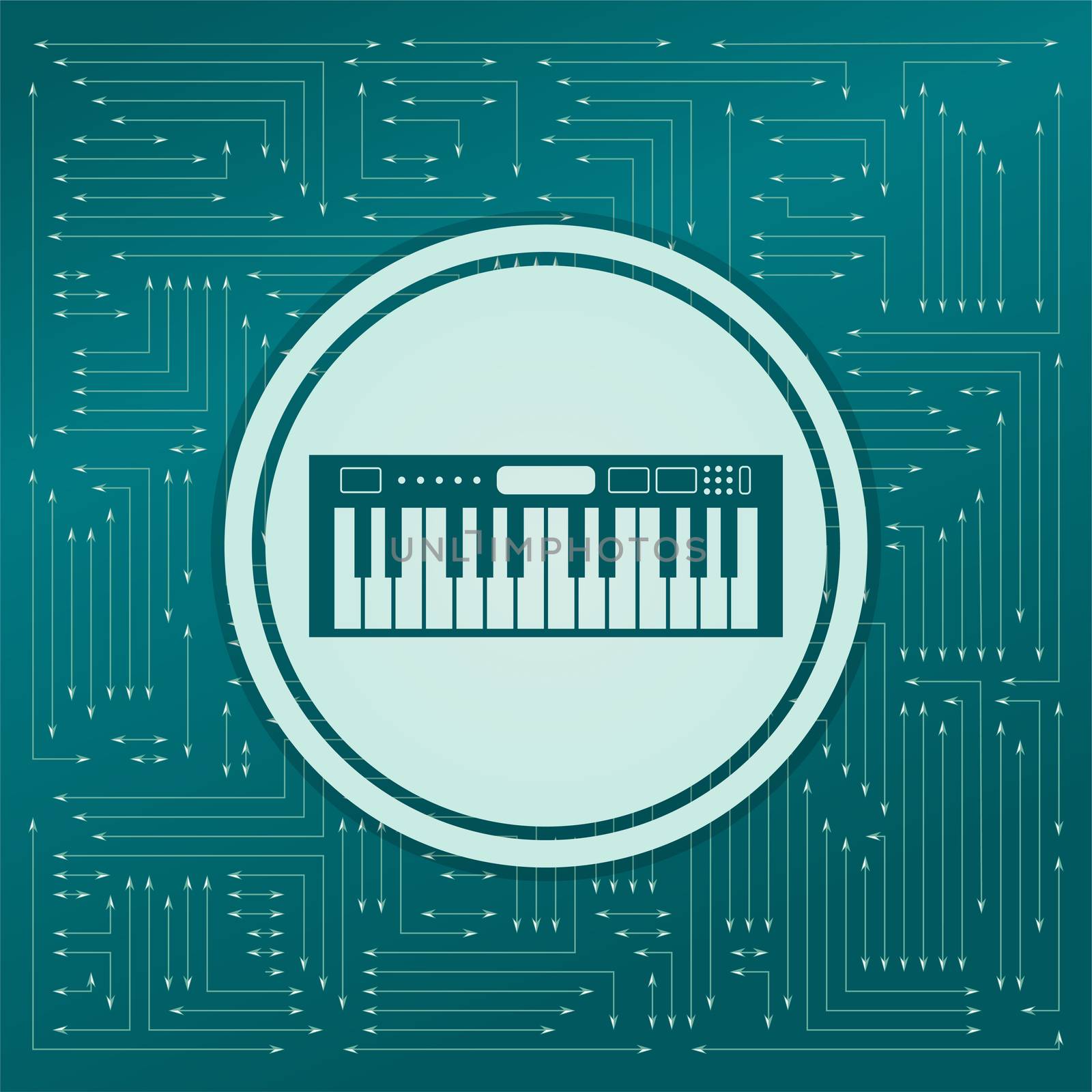 synthesizer icon on a green background, with arrows in different directions. It appears on the electronic board. illustration