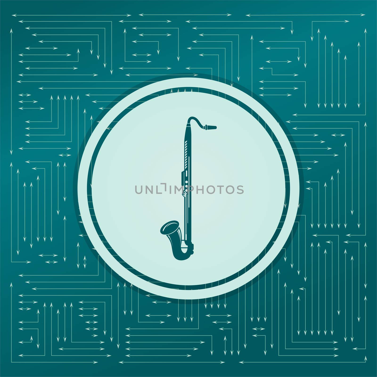 Saxophone icon on a green background, with arrows in different directions. It appears on the electronic board. illustration