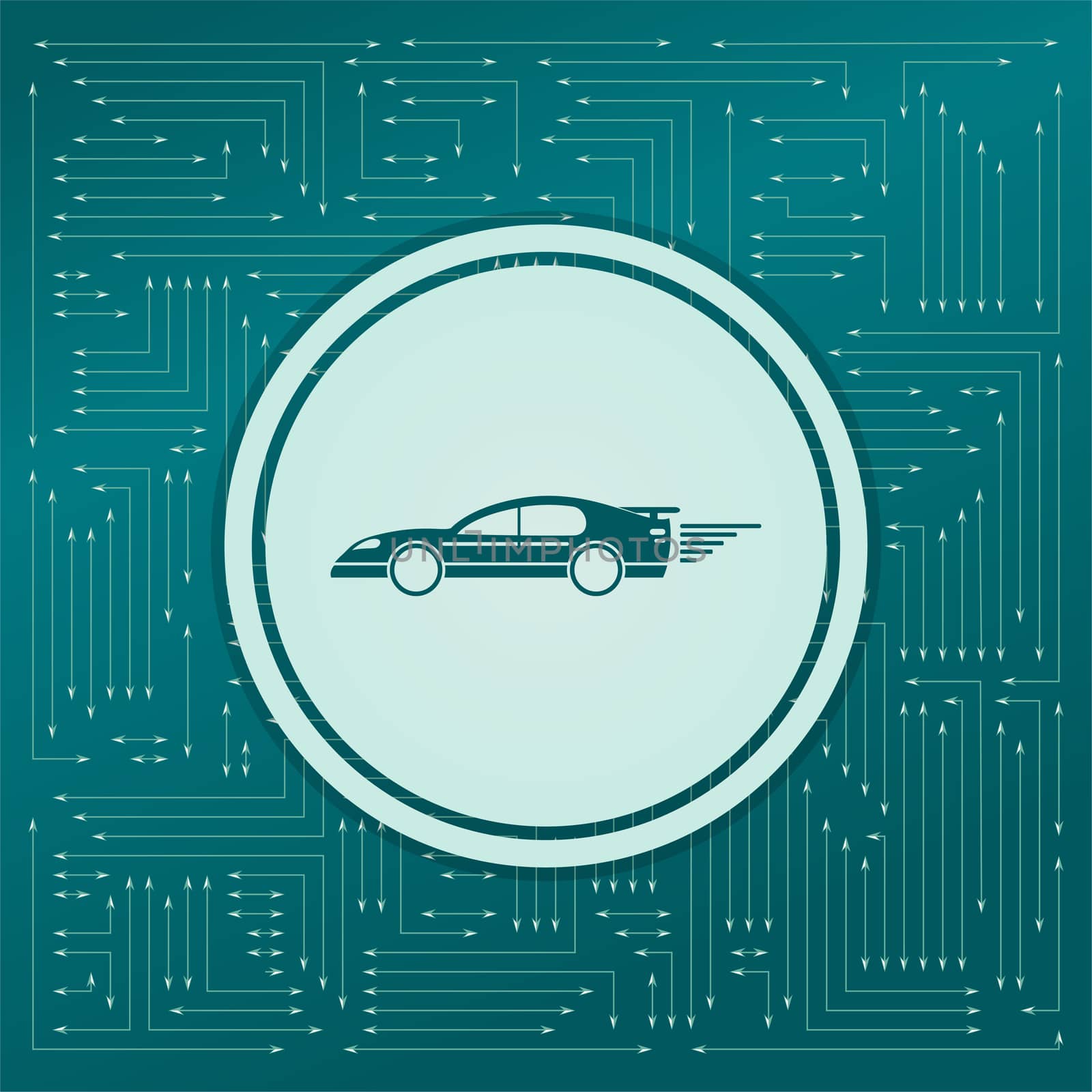 Super Car icon on a green background, with arrows in different directions. It appears on the electronic board. illustration