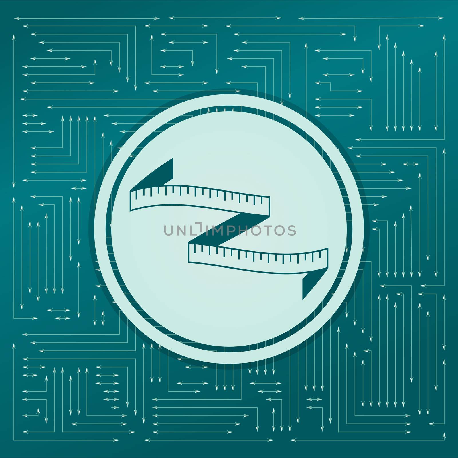 Measuring tape icon on a green background, with arrows in different directions. It appears on the electronic board. illustration