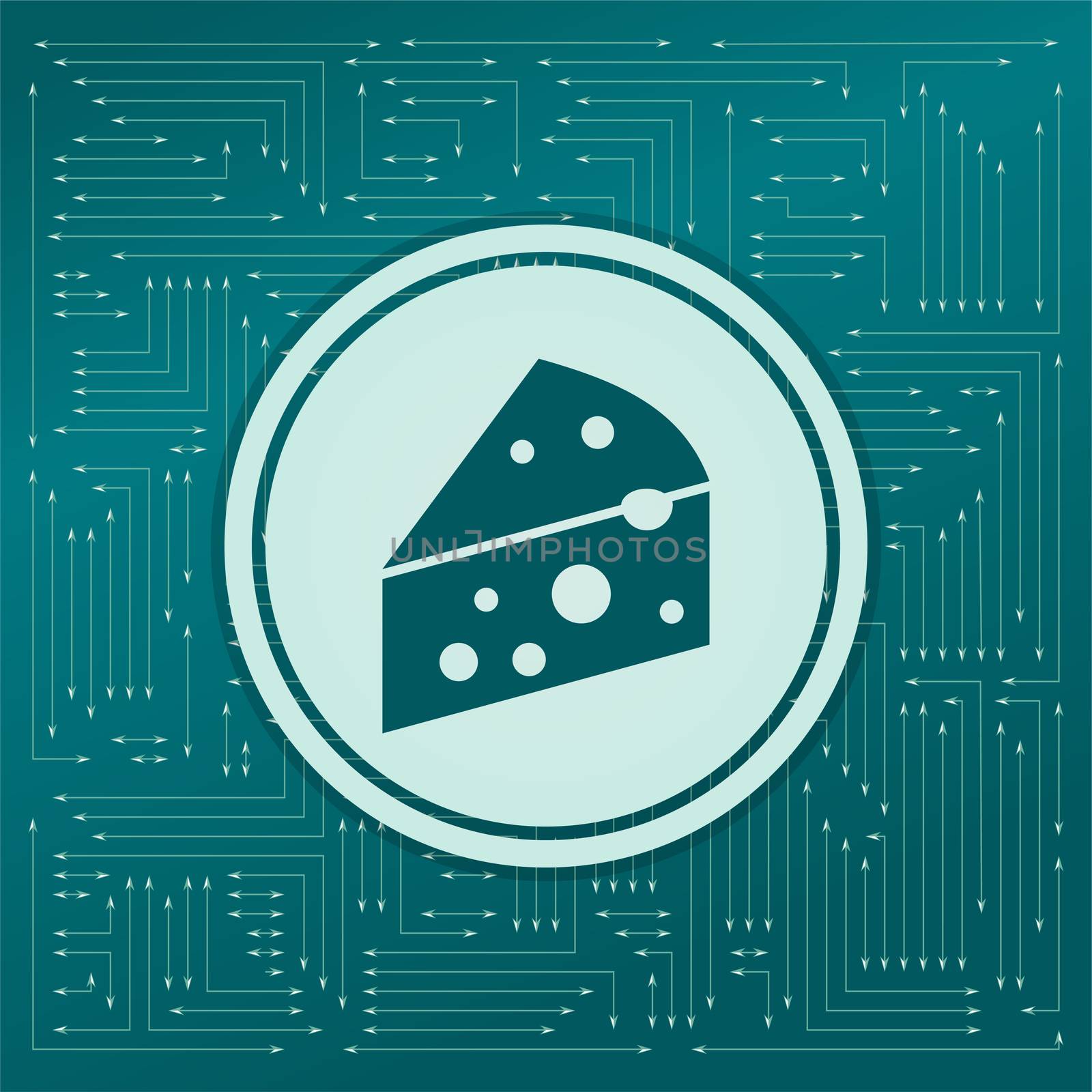 Cheese icon on a green background, with arrows in different directions. It appears on the electronic board. illustration