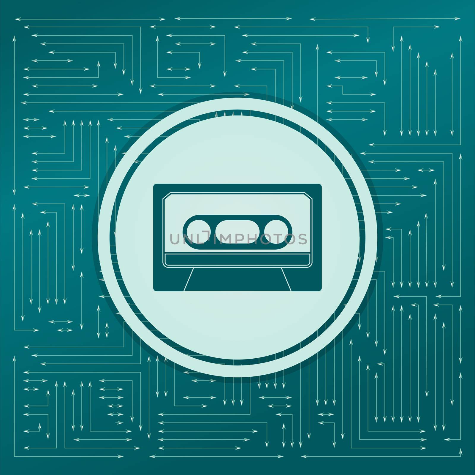 Cassette icon on a green background, with arrows in different directions. It appears on the electronic board. illustration
