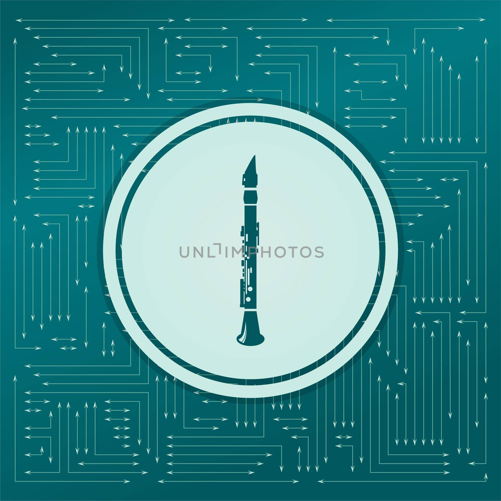 Clarinet icon on a green background, with arrows in different directions. It appears on the electronic board. illustration