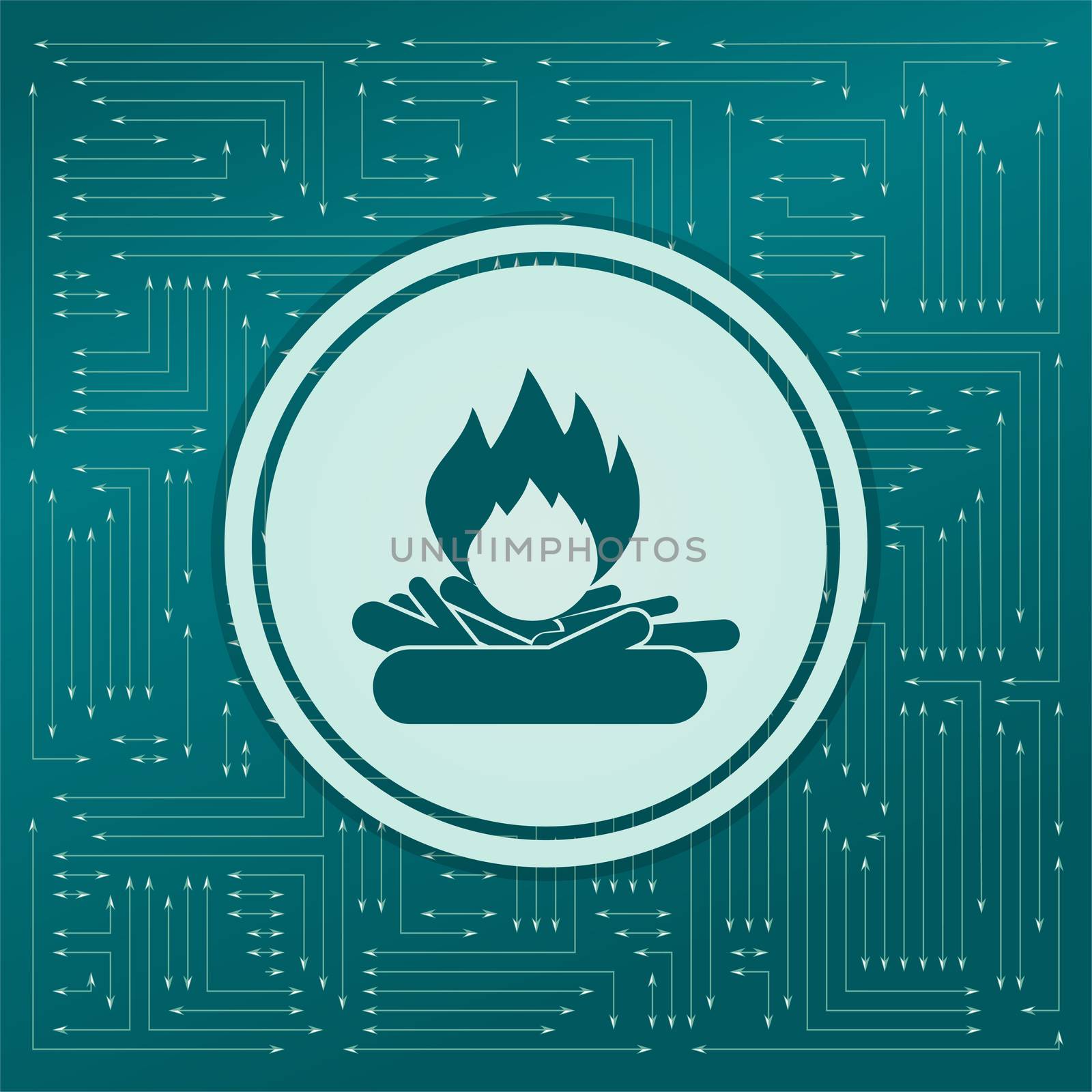 Fire Icon on a green background, with arrows in different directions. It appears on the electronic board. illustration