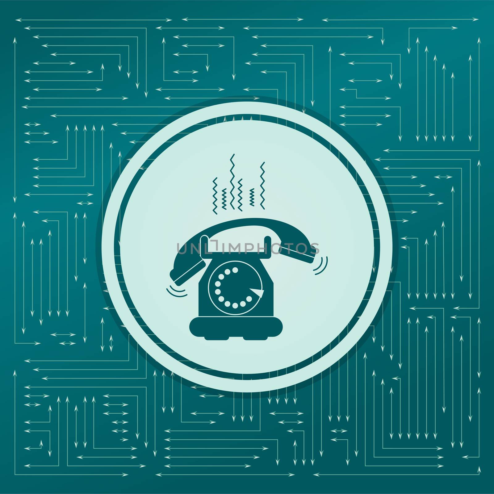 Phone Icon on a green background, with arrows in different directions. It appears on the electronic board. illustration