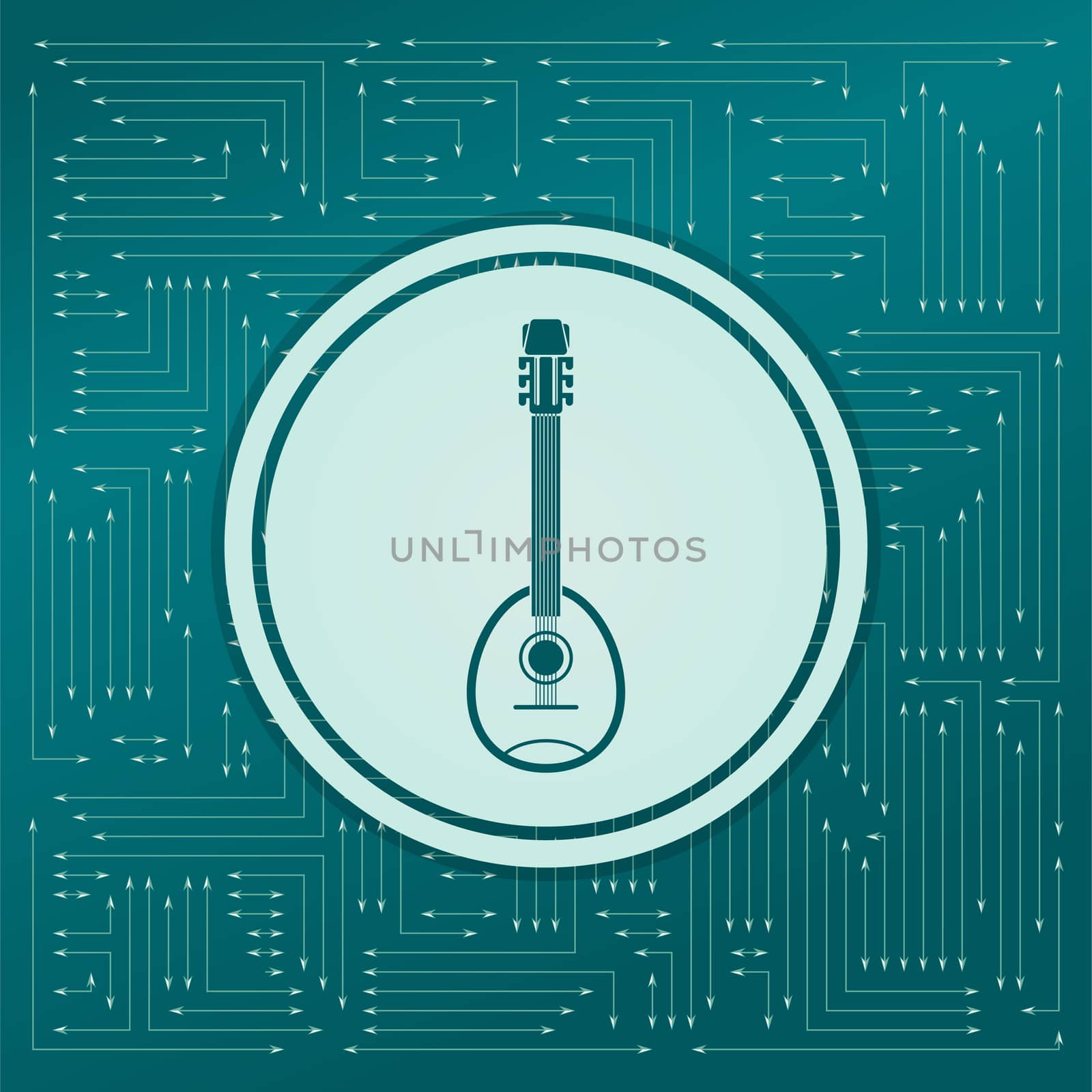 Guitar, music instrument icon on a green background, with arrows in different directions. It appears on the electronic board. illustration