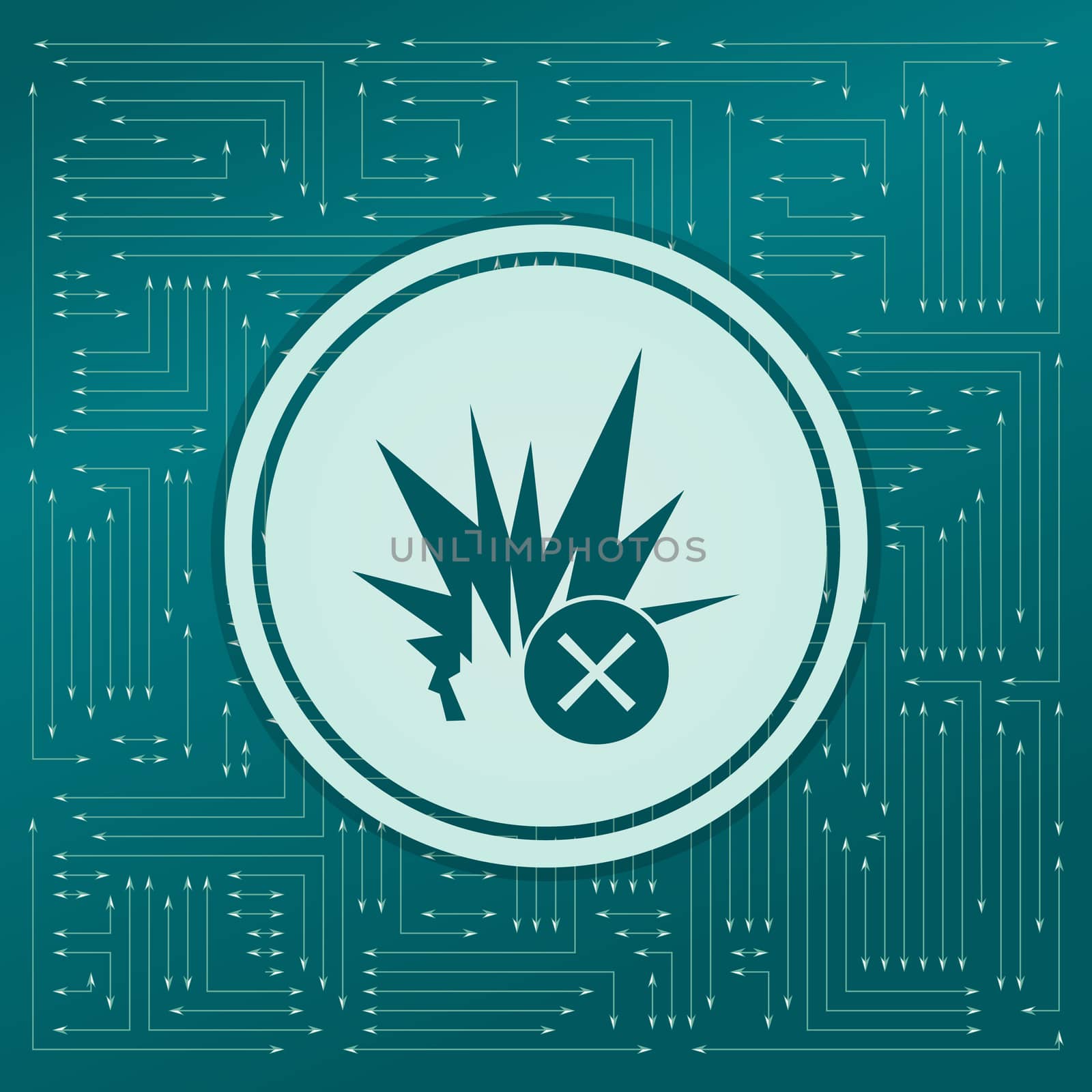 explosion icon on a green background, with arrows in different directions. It appears on the electronic board. illustration