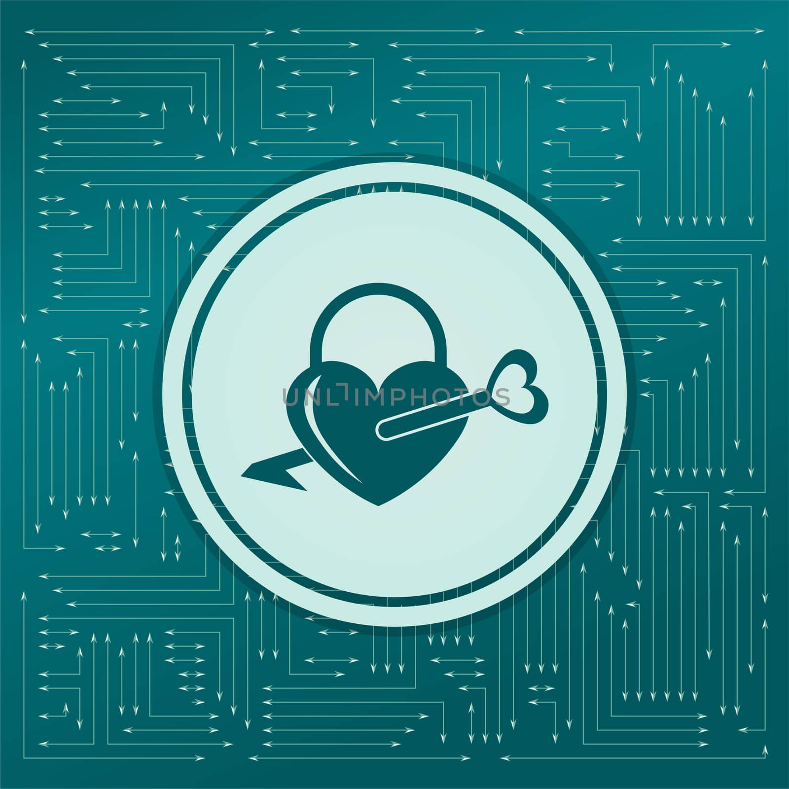 lock icons. A simple silhouette of the lock for the door. Shape of a heart. on a green background, with arrows in different directions. It appears on the electronic board. illustration