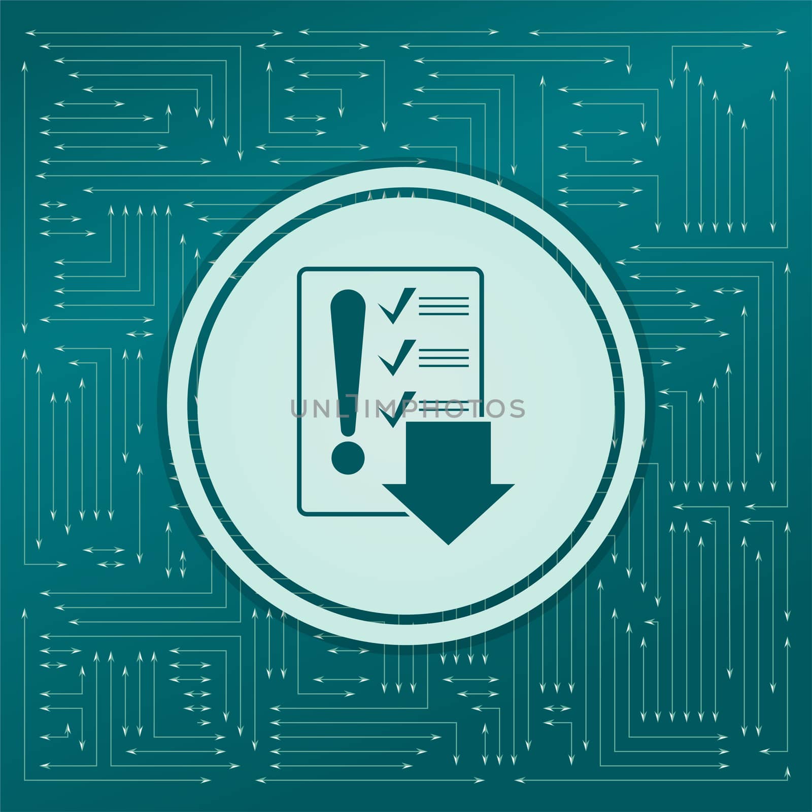 Pictograph of checklist icon on a green background, with arrows in different directions. It appears on the electronic board. illustration