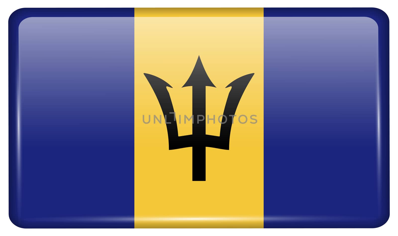 Flags of Barbados in the form of a magnet on refrigerator with reflections light. illustration