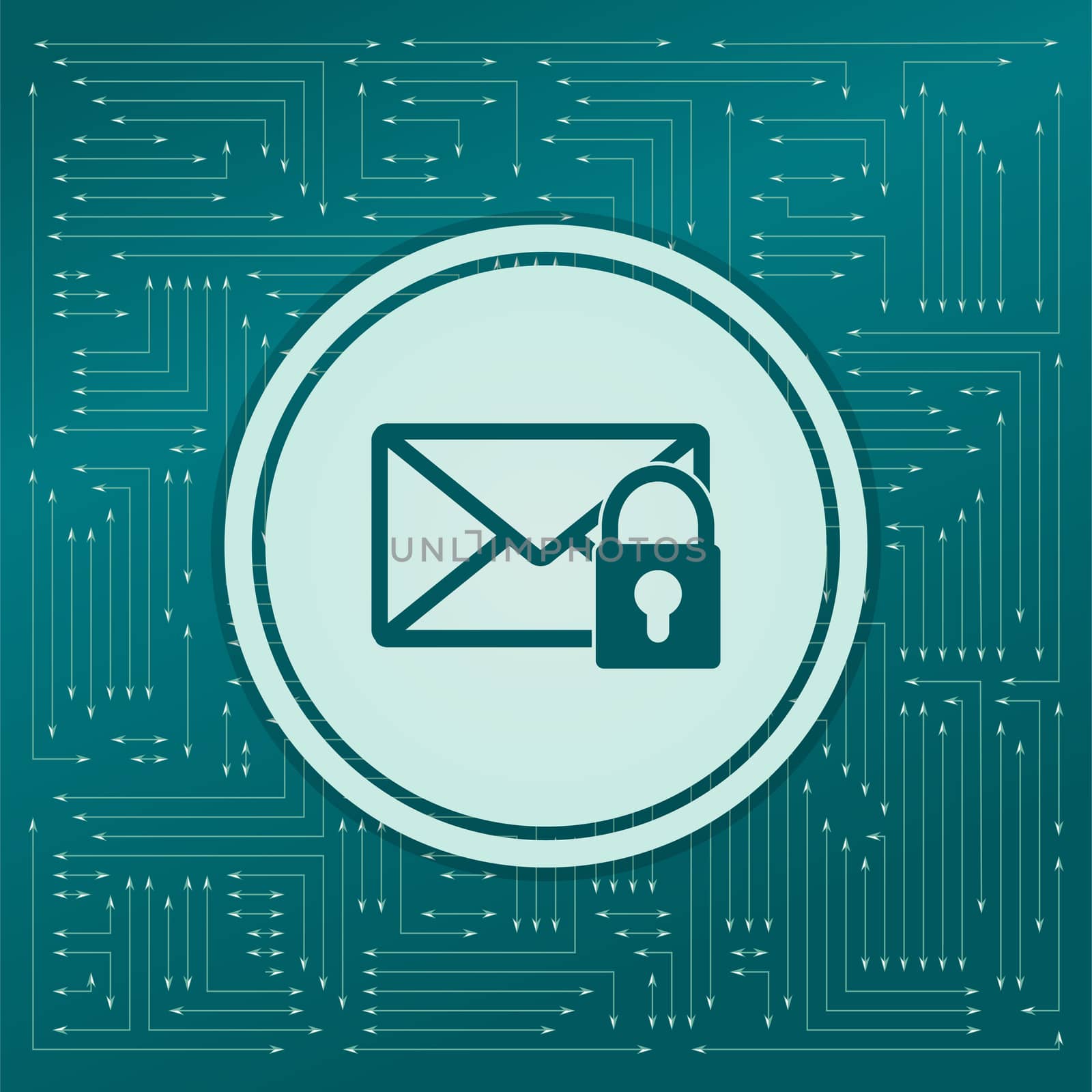 Secret mail icon on a green background, with arrows in different directions. It appears on the electronic board. illustration