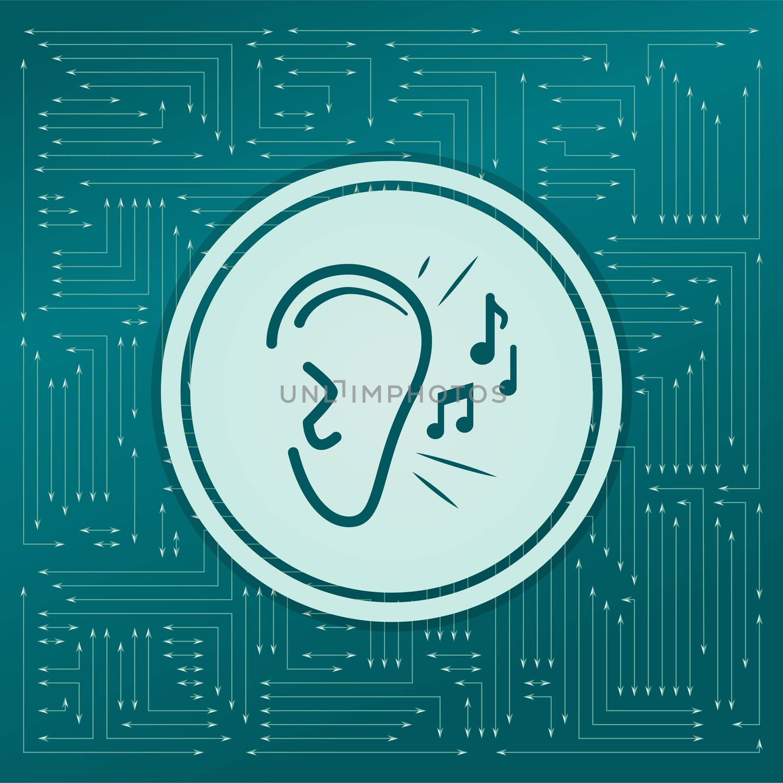 Ear listen sound signal icon on a green background, with arrows in different directions. It appears on the electronic board. illustration
